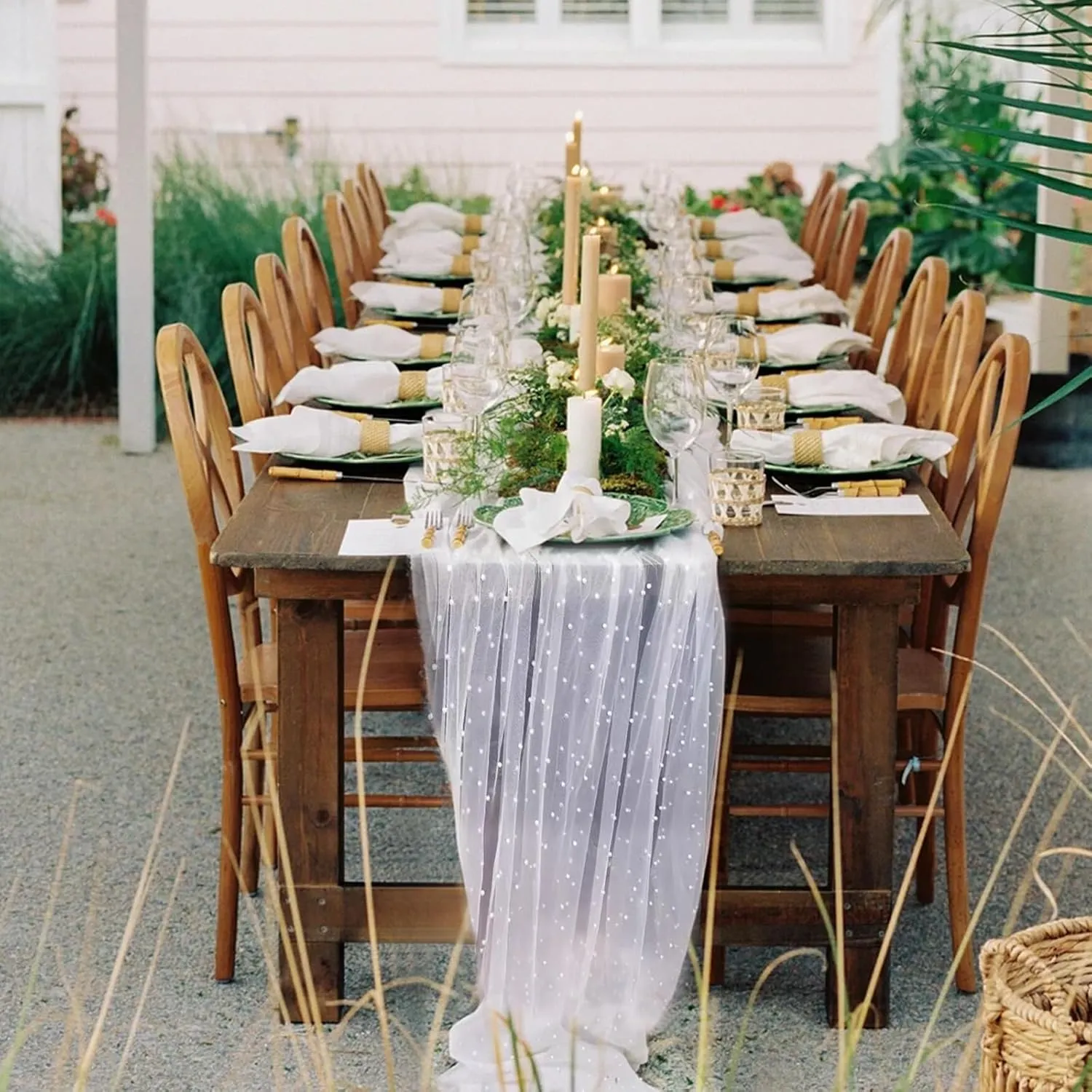 2 Pcs 10 Ft Pearl Table Runner Lace Tablecloth 30x120 Inch White Tulle Fabric Cover Table Cloth Bridal Elegant Veil Arch Decorations for Wedding Baby Shower Birthday Pearl Party Dessert Table Decor