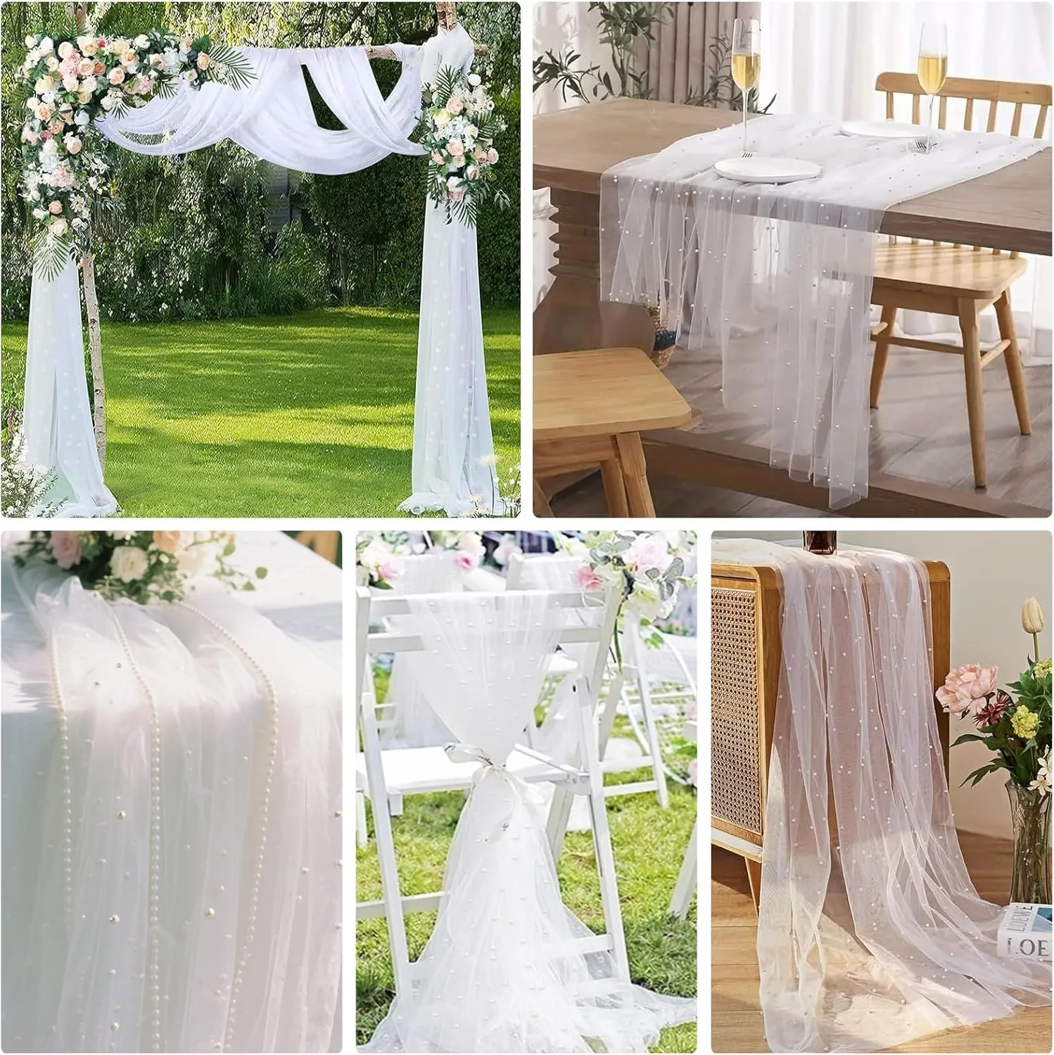 2 Pcs 10 Ft Pearl Table Runner Lace Tablecloth 30x120 Inch White Tulle Fabric Cover Table Cloth Bridal Elegant Veil Arch Decorations for Wedding Baby Shower Birthday Pearl Party Dessert Table Decor