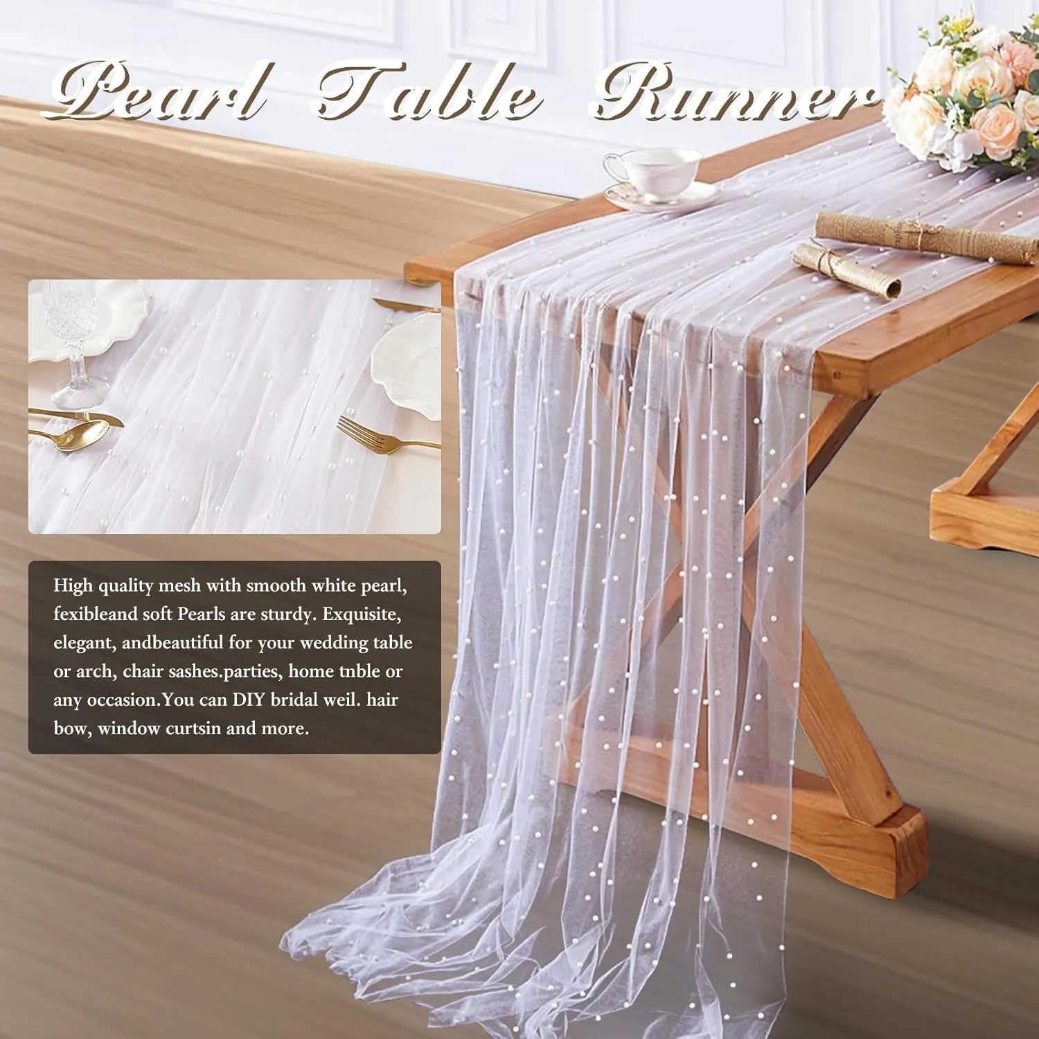 2 Pcs 10 Ft Pearl Table Runner Lace Tablecloth 30x120 Inch White Tulle Fabric Cover Table Cloth Bridal Elegant Veil Arch Decorations for Wedding Baby Shower Birthday Pearl Party Dessert Table Decor