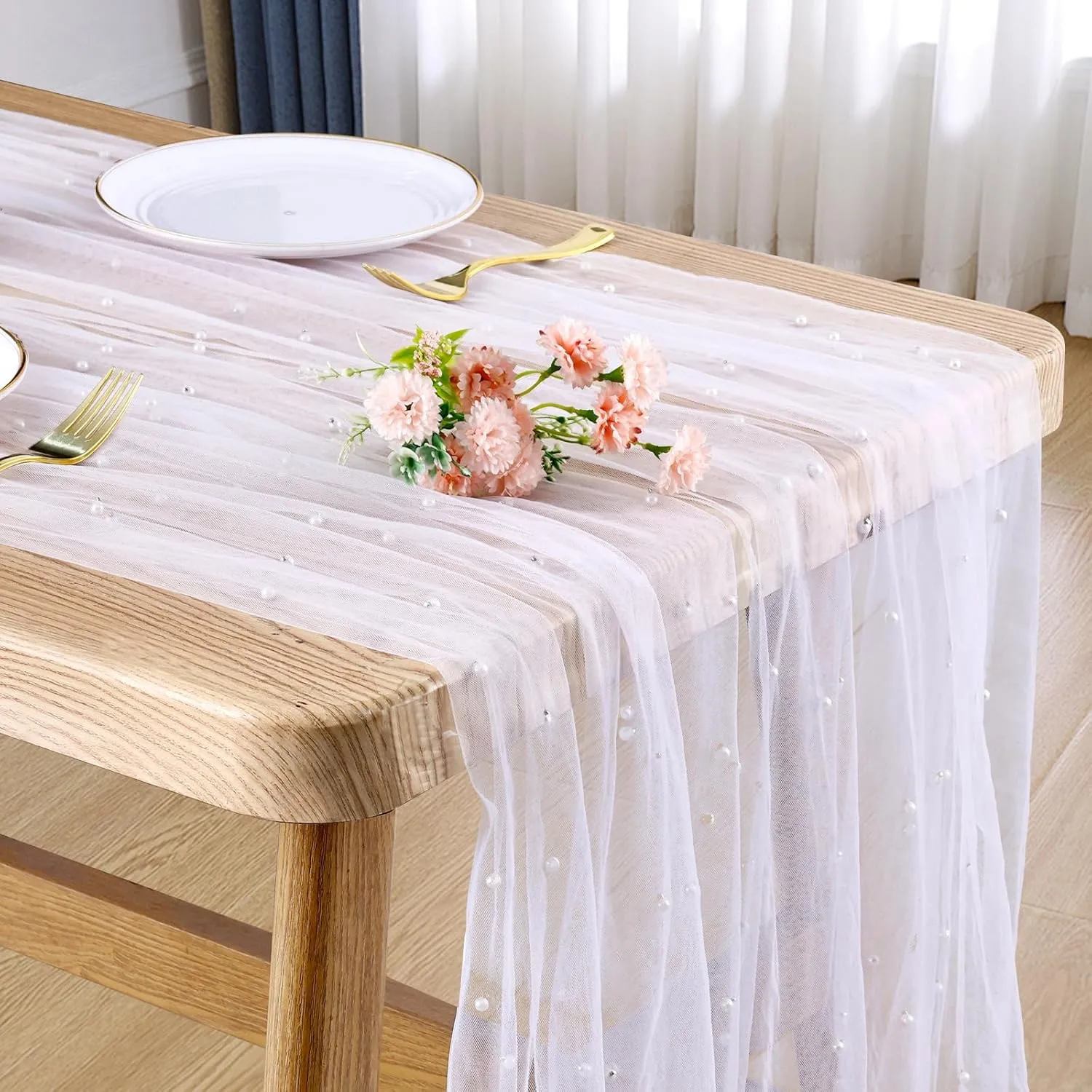 2 Pcs 10 Ft Pearl Table Runner Lace Tablecloth 30x120 Inch White Tulle Fabric Cover Table Cloth Bridal Elegant Veil Arch Decorations for Wedding Baby Shower Birthday Pearl Party Dessert Table Decor