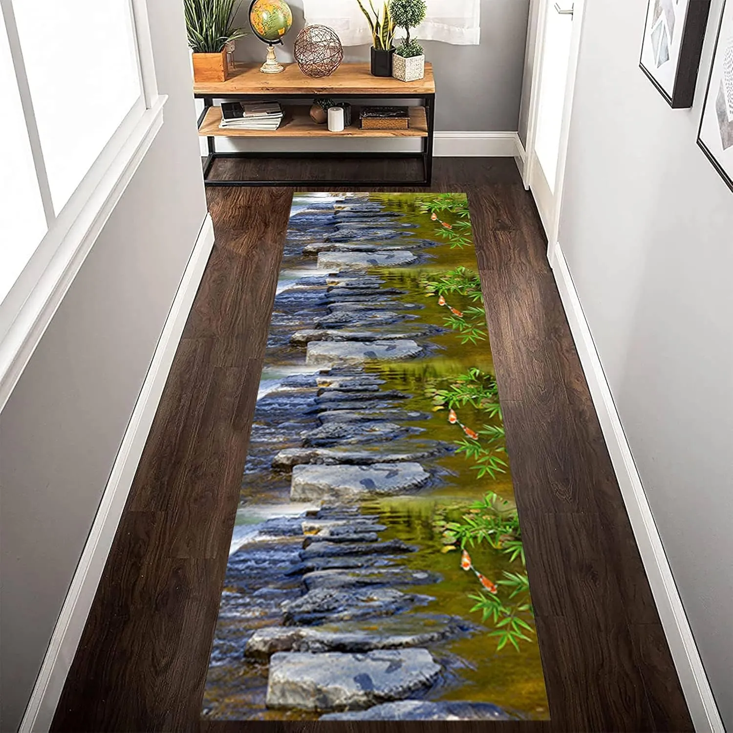 3D Illusion Runner Rug, 2.6x10ft, Stream Stone Road with Fish Koi Bamboo Leaves Texture Carpet Hallway Rug, Room Decor Fade Resistant Washable Rug for Entryway Living Room