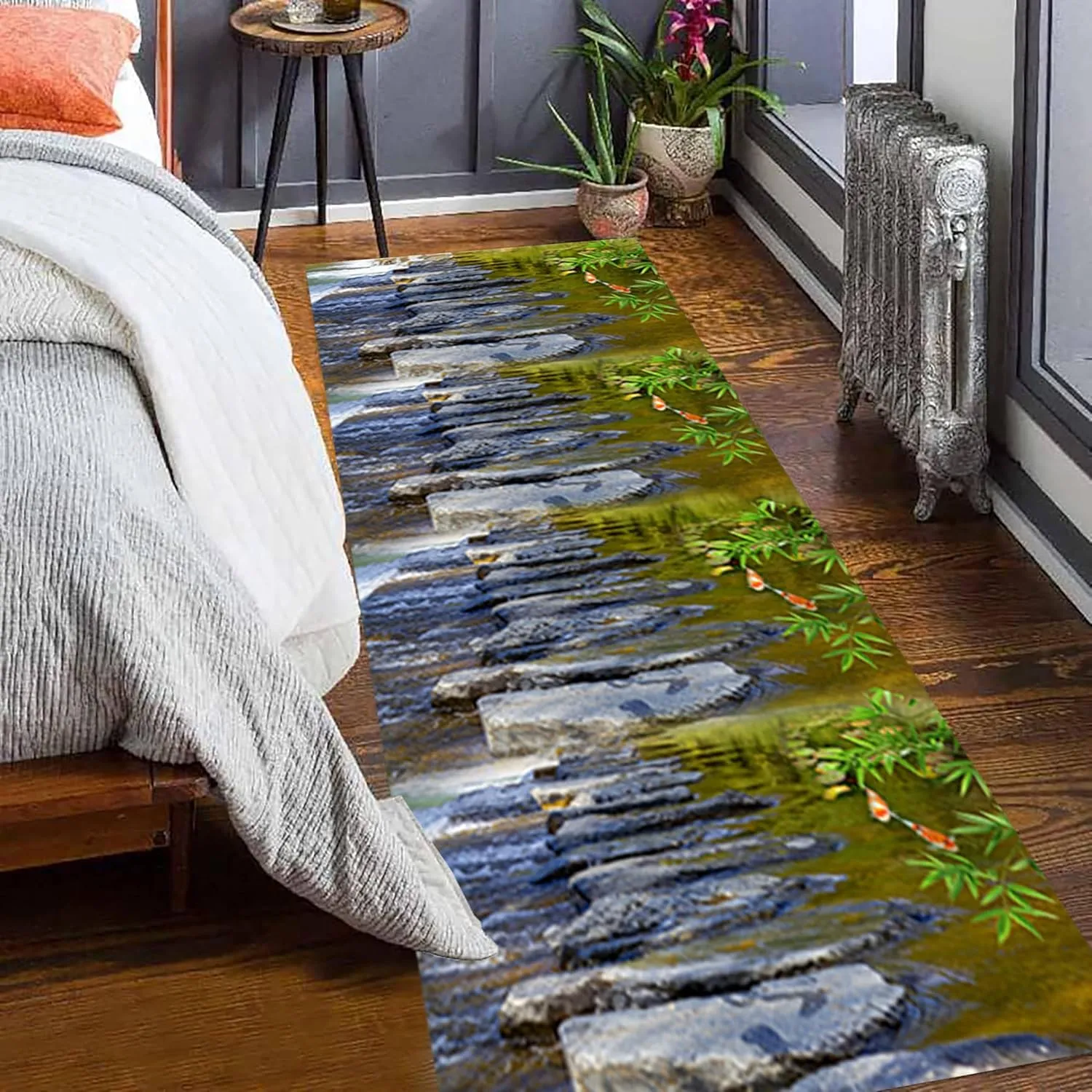 3D Illusion Runner Rug, 2.6x10ft, Stream Stone Road with Fish Koi Bamboo Leaves Texture Carpet Hallway Rug, Room Decor Fade Resistant Washable Rug for Entryway Living Room