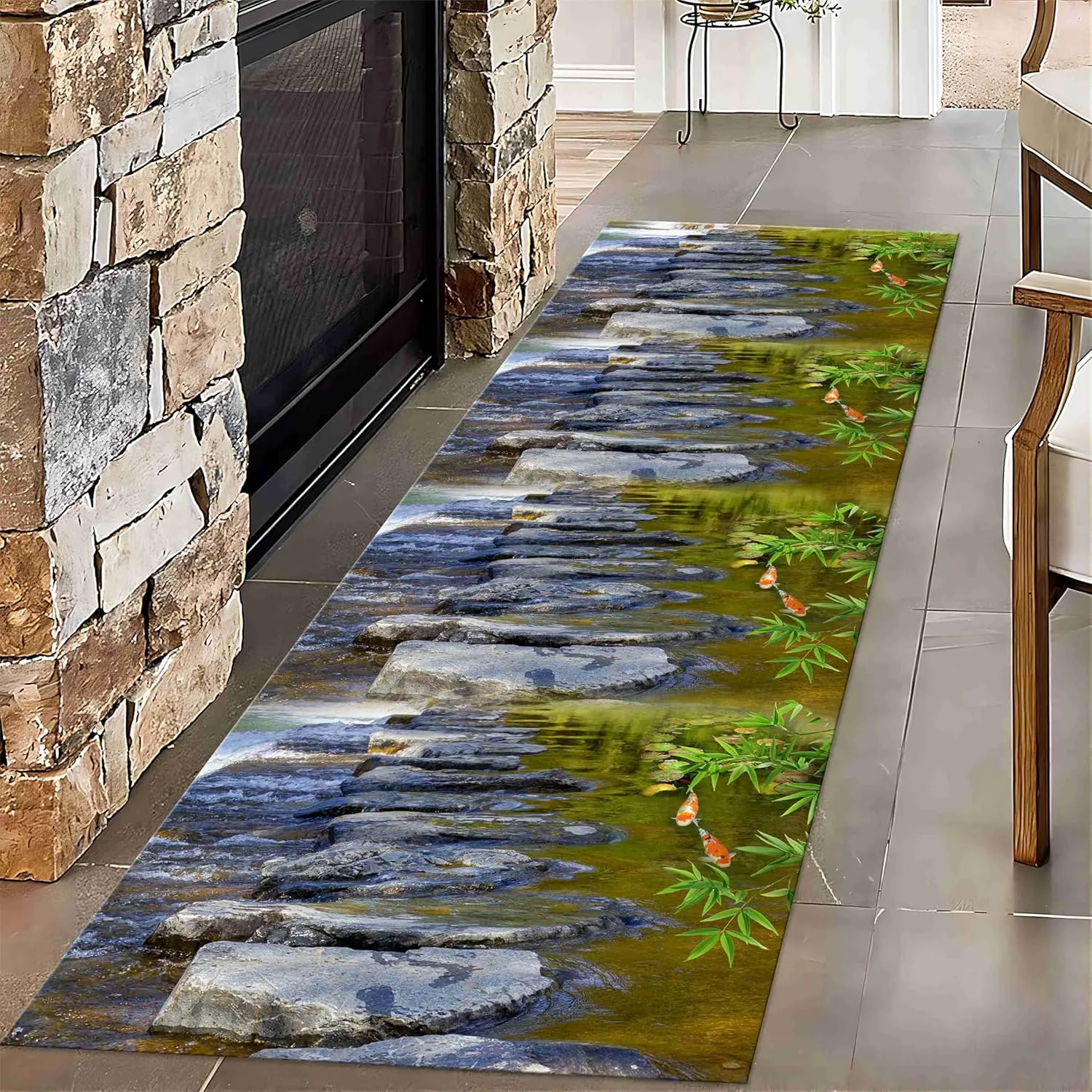 3D Illusion Runner Rug, 2.6x10ft, Stream Stone Road with Fish Koi Bamboo Leaves Texture Carpet Hallway Rug, Room Decor Fade Resistant Washable Rug for Entryway Living Room