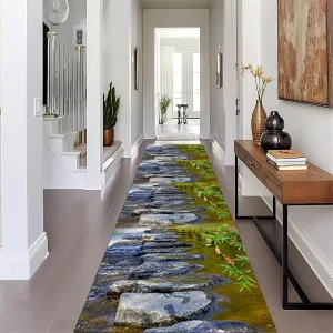 3D Illusion Runner Rug, 2.6x10ft, Stream Stone Road with Fish Koi Bamboo Leaves Texture Carpet Hallway Rug, Room Decor Fade Resistant Washable Rug for Entryway Living Room