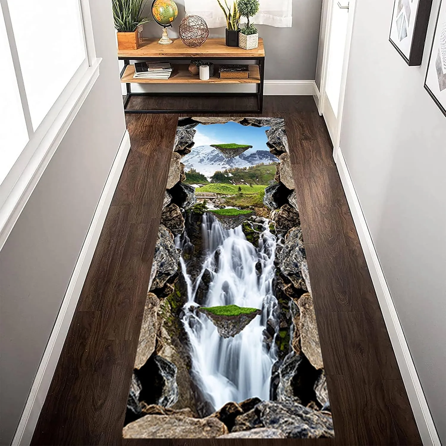 3D Optical Illusion Runner Rug, 2.6x10ft, Snow Mountain Waterfall Bridge Rocks Natural Landscape Area Rug, Non-Shedding Non Skid Indoor Floor Mat Rug for Living Room Bedroom