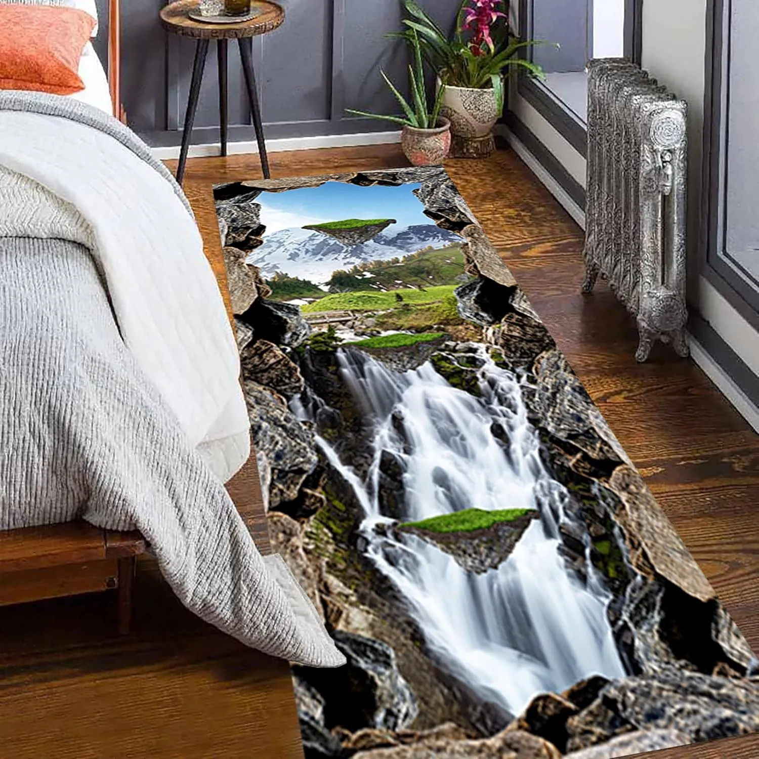 3D Optical Illusion Runner Rug, 2.6x10ft, Snow Mountain Waterfall Bridge Rocks Natural Landscape Area Rug, Non-Shedding Non Skid Indoor Floor Mat Rug for Living Room Bedroom