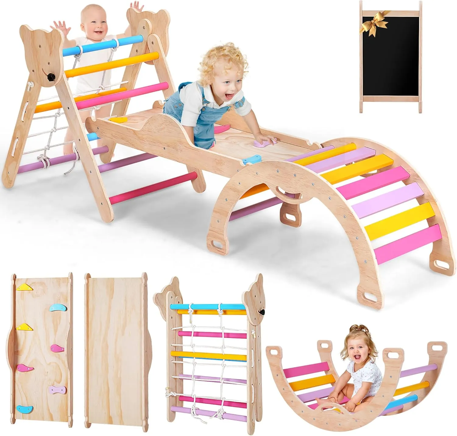 8 in 1 Pikler Triangle Set for Toddler, Foldable Wooden Montessori Climbing Toys with Sliding, Seesaw & Climbing Arch, Indoor Outdoor Playground Jungle Gym for Baby, Kids (Rainbow)