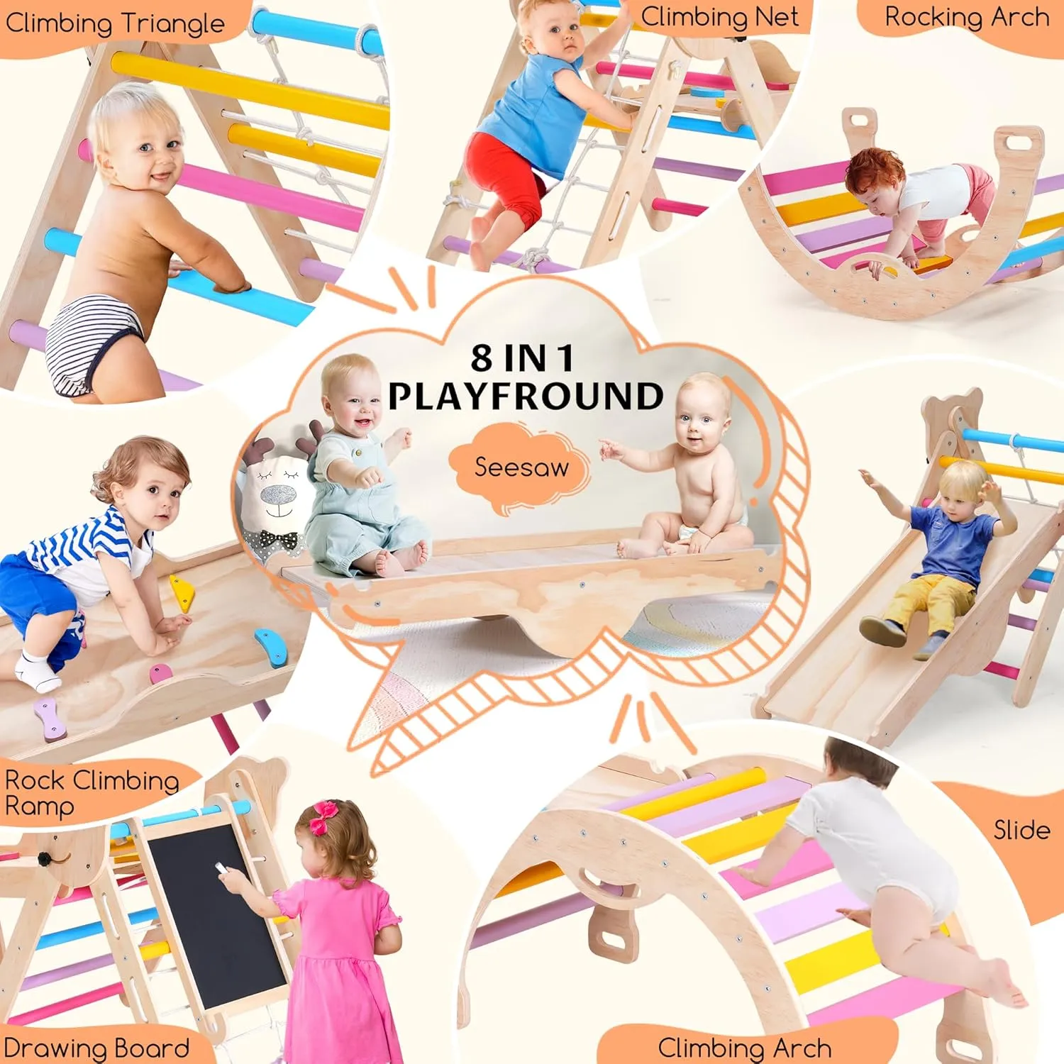 8 in 1 Pikler Triangle Set for Toddler, Foldable Wooden Montessori Climbing Toys with Sliding, Seesaw & Climbing Arch, Indoor Outdoor Playground Jungle Gym for Baby, Kids (Rainbow)