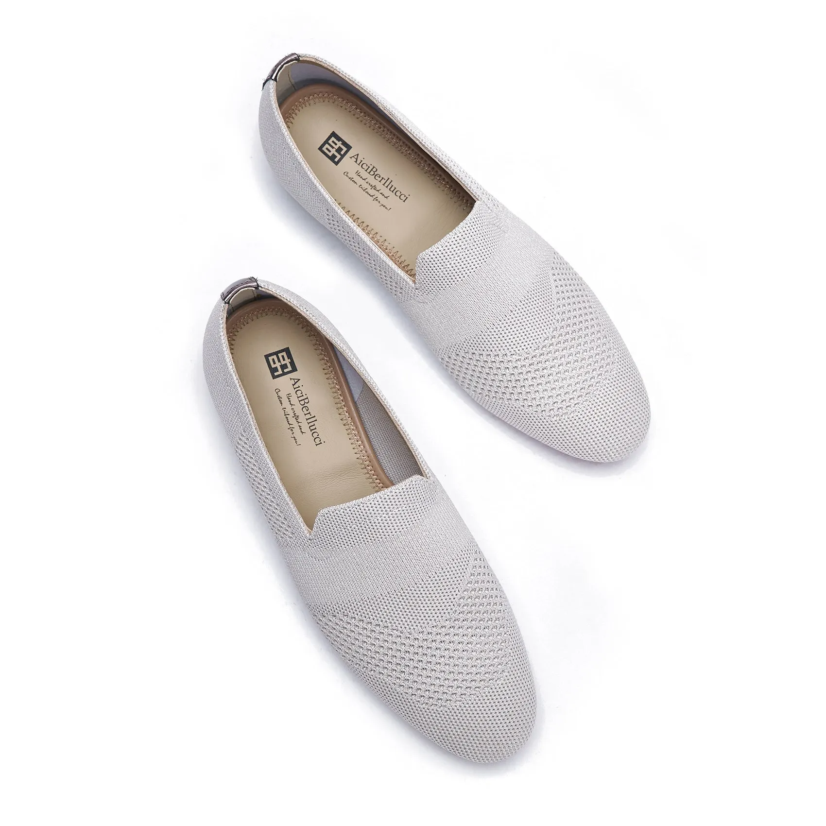 AiciBerllucci Silver Knit &Calfskin Leather Upper&Cow Leather Lining-Aina- Women Knit Flat Shoes,Comfort Loafers Penny Moccasins-Slip-on Shoes- Knit Driving Loafers -Round Toe Walking Fashion