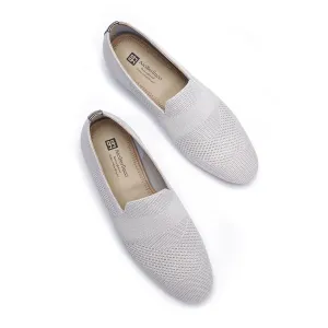 AiciBerllucci Silver Knit &Calfskin Leather Upper&Cow Leather Lining-Aina- Women Knit Flat Shoes,Comfort Loafers Penny Moccasins-Slip-on Shoes- Knit Driving Loafers -Round Toe Walking Fashion