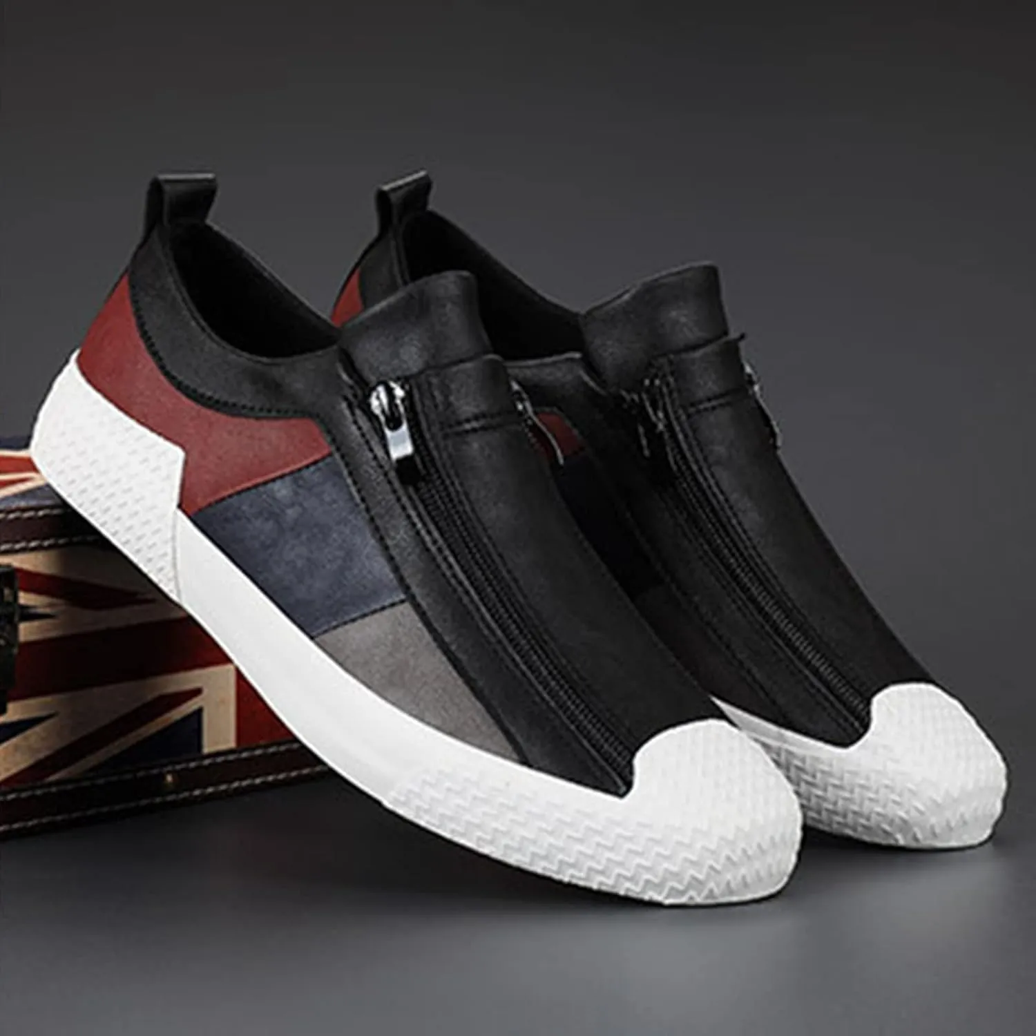 AngryMonkey Men's Low-top Colorblock Sneakers,Fashion Comfort Slip On Double Zipper Anti-Slip Flat Casual Leather Walking Loafers
