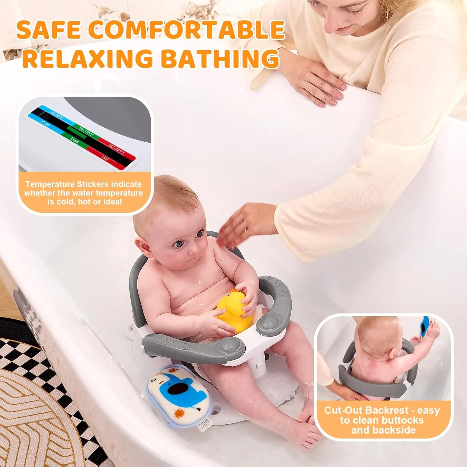 Baby Bath Seat for Babies 6 Months & Up Sitting Up,Infant Bath Seat with Temperature Alert Open Backrest on/Off Armrest,Toddler Bath seat Baby Bath Chair for Bathtub,Tub,Sink (Light Gray)