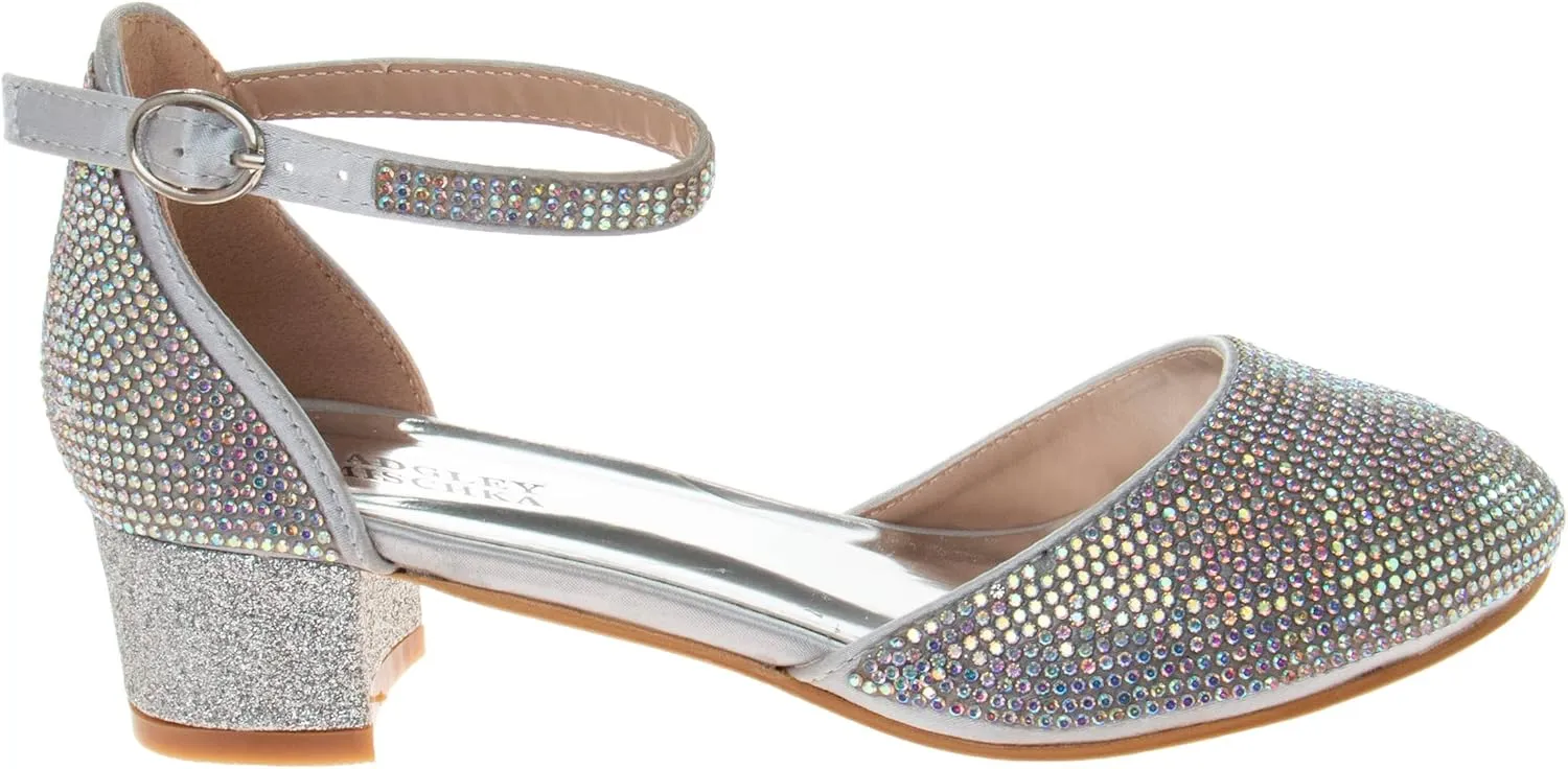 Badgley Mischka Girls Dress Block Medium Heel Party Pumps - Closed Toe Ankle Strap High Heels for Girl - Black/Silver/Champagne/Rose Gold (Sizes 11-13 Little Kid/Sizes 1-5 Big Kid)