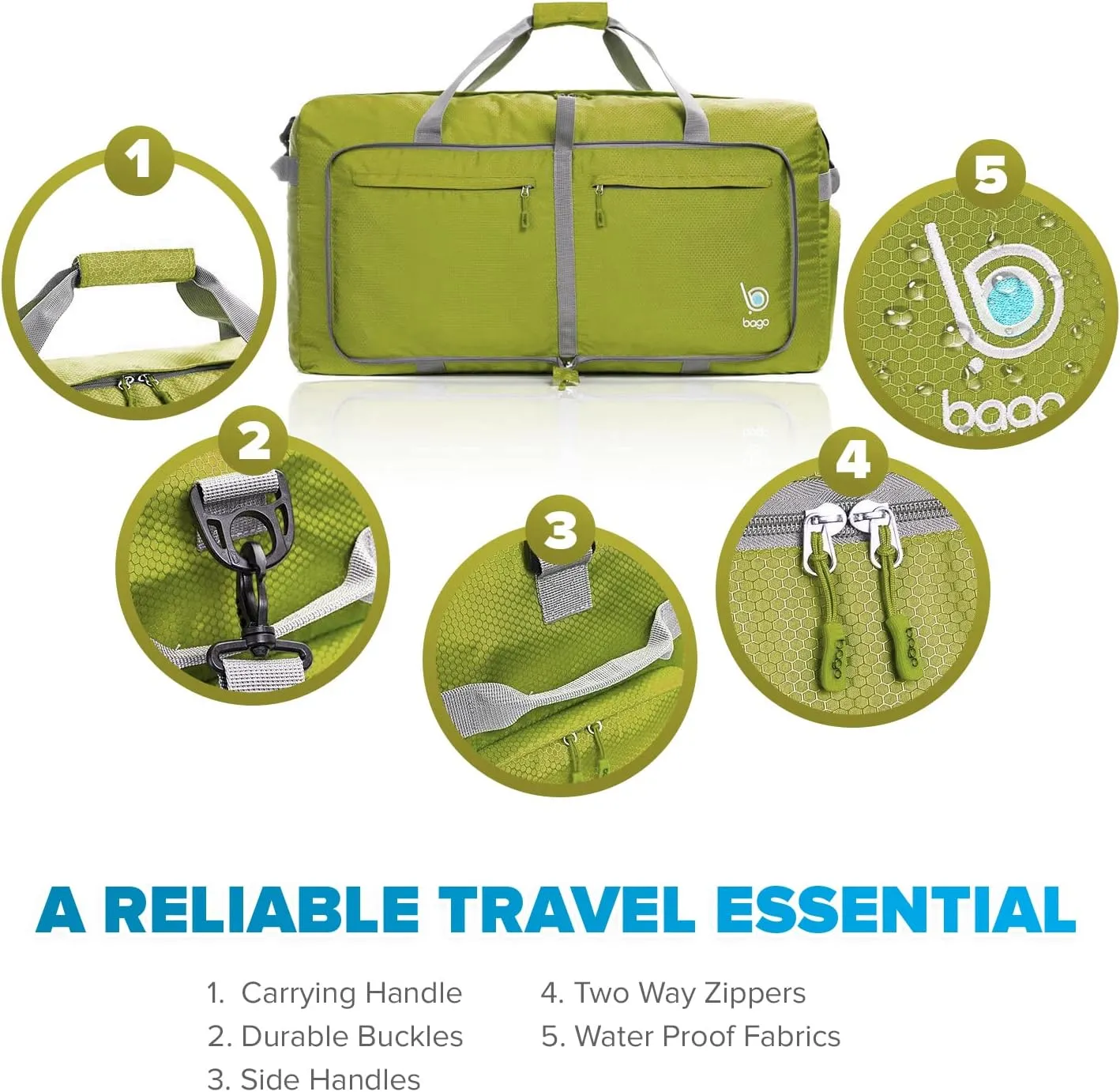 Bago Large Foldable Duffel Bags for Traveling Women & Men - 120L Packable Duffle Bag for Travel with Shoe Compartment - Water Repellant, Heavy Duty, Lightweight Folding & Collapsible (Green)
