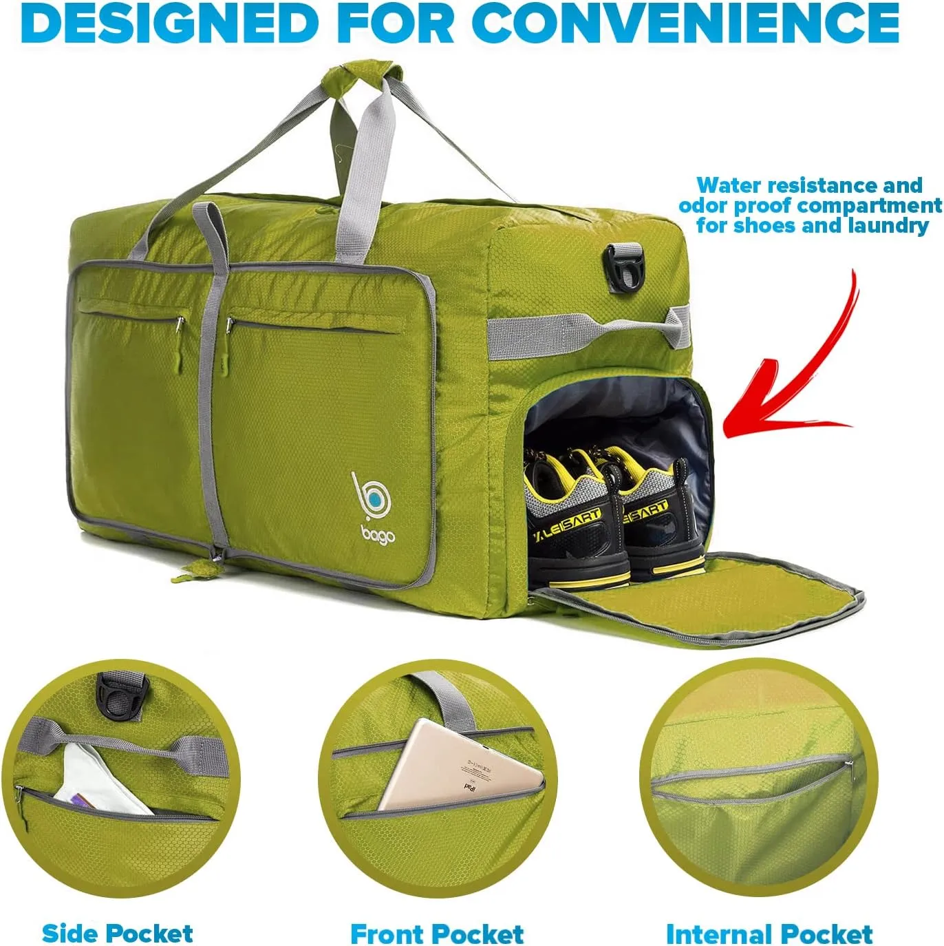 Bago Large Foldable Duffel Bags for Traveling Women & Men - 120L Packable Duffle Bag for Travel with Shoe Compartment - Water Repellant, Heavy Duty, Lightweight Folding & Collapsible (Green)