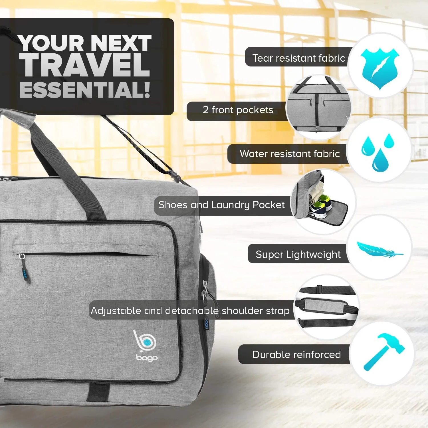 Bago Large Foldable Duffel Bags for Traveling Women & Men - 120L Packable Duffle Bag for Travel with Shoe Compartment - Water Repellant, Heavy Duty, Lightweight Folding & Collapsible (SnowGray)