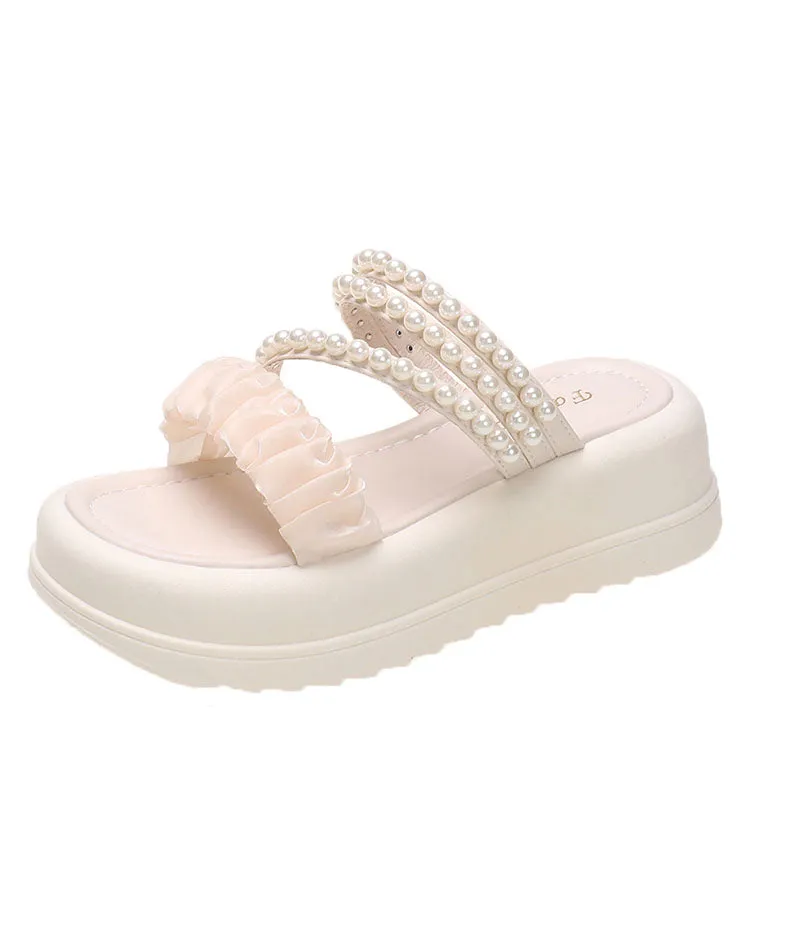 Beige Nail Bead Splicing Handmade Platform Slide Sandals