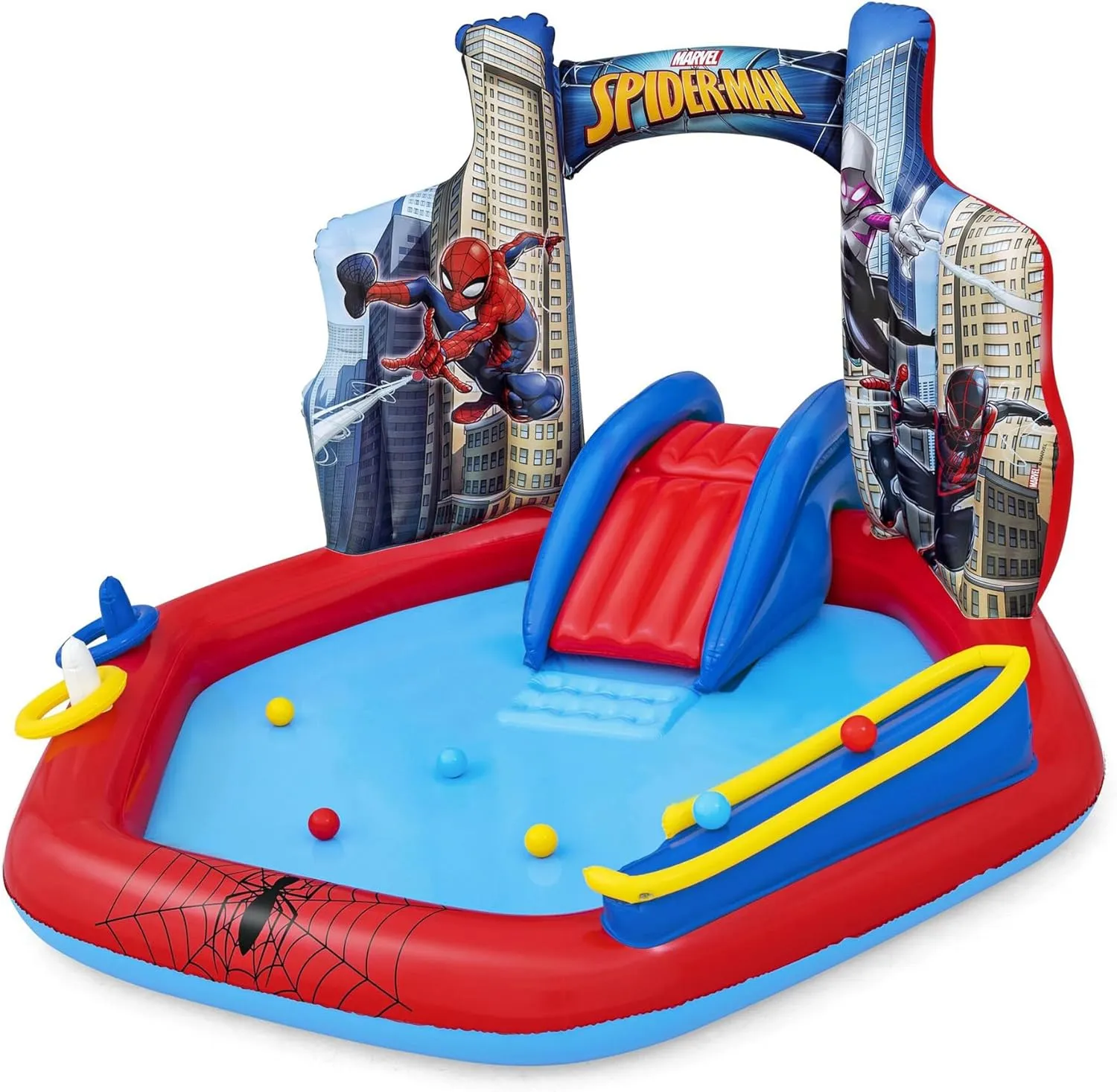 Bestway: Spider-Man Inflatable Water Play Center - 6'11"x6'9"x50", Splash Pool-Slide-Arch Sprayer, 6 Balls, Marvel Superhero Ring Toss, Toddler-Kid 2 