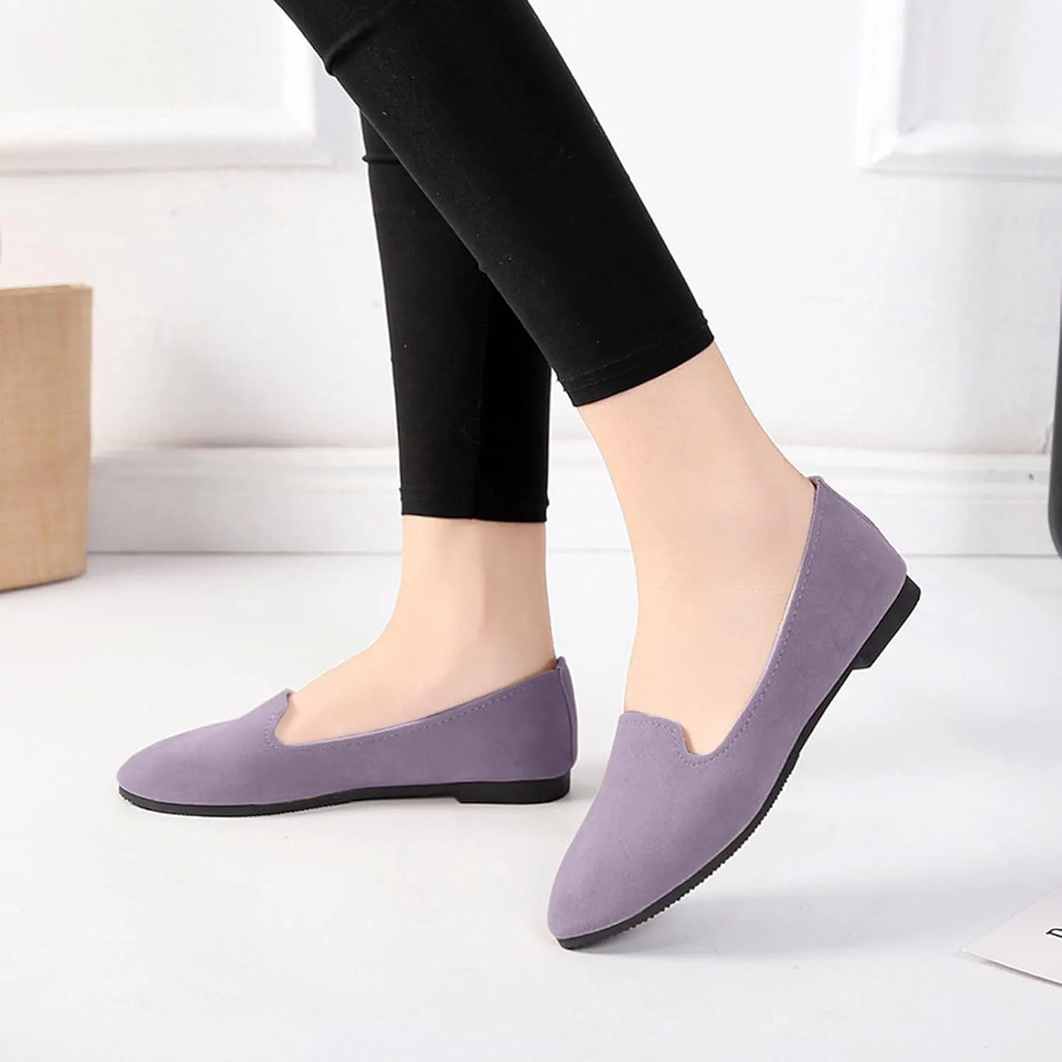 Black Flats for Women Slip on Classic Flats Comfortable Dressy Faux Suede Ballet Flats Shoes Casual Walking Flat Shoes for Women