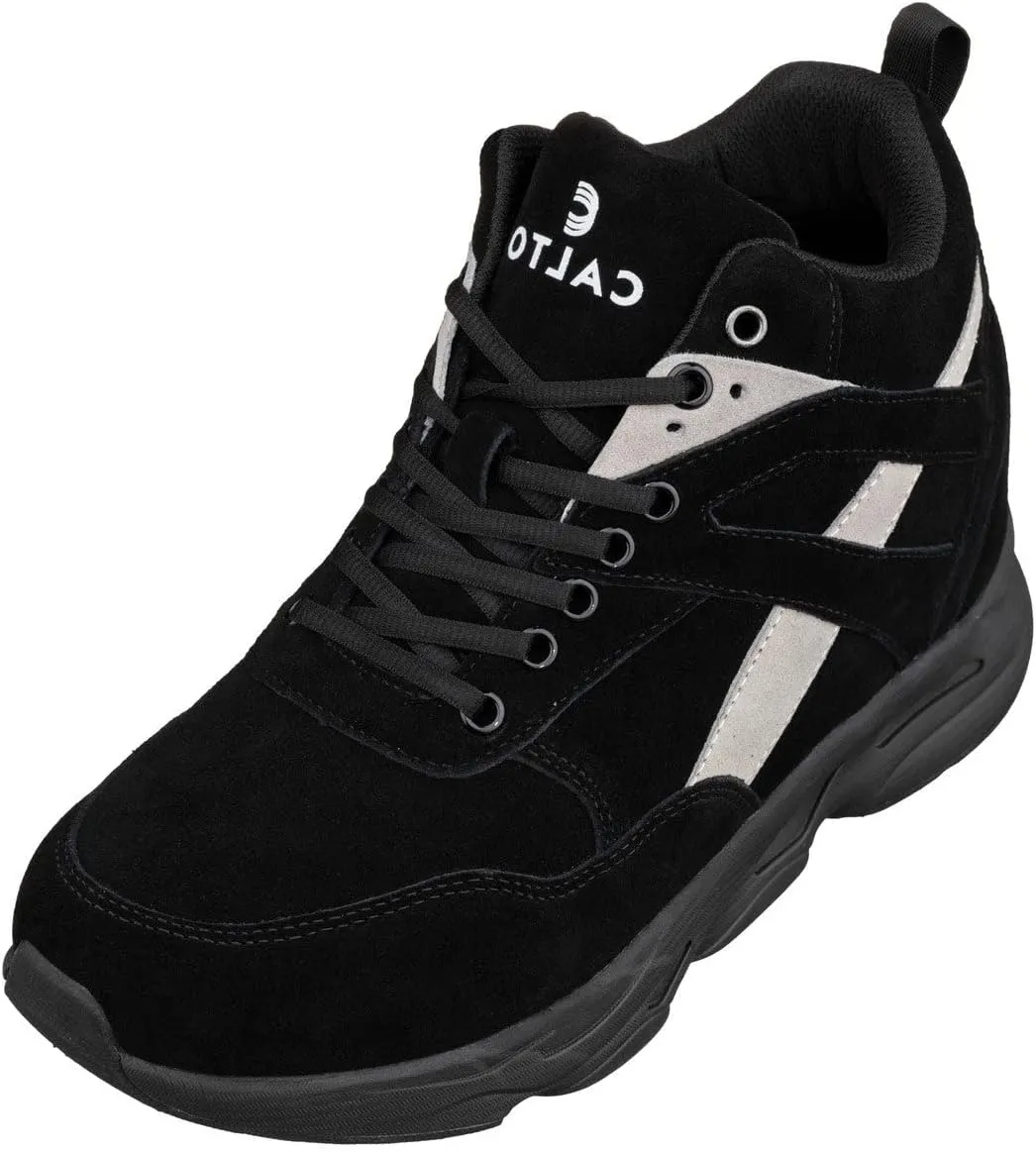 CALTO Men's Invisible Height Increasing Elevator Trainer Shoes - Black/Grey Lace-up Fashion High-Top Hiker Sneakers - 4.0 Inches Taller - S33594 - Size 7 D(M) US