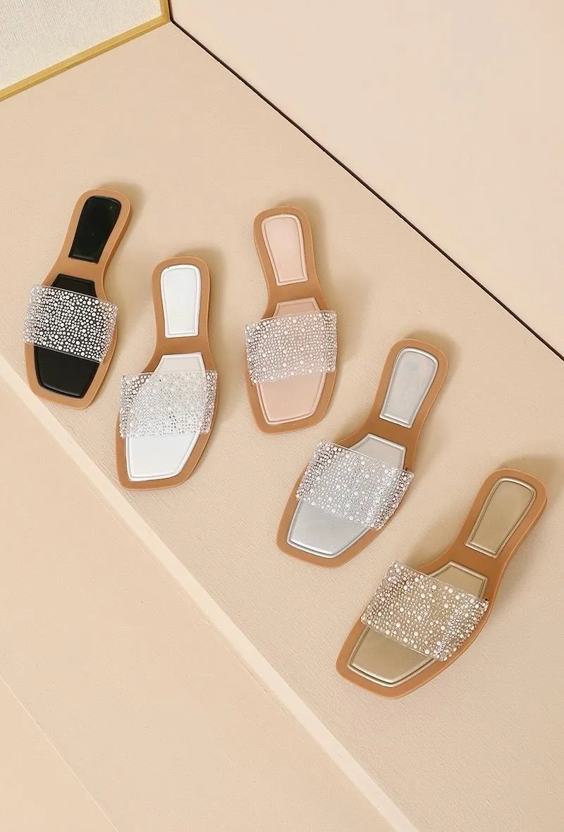 CRYSTAL PERSPEX DIAMANTES FLATS SLIP ON SANDALS IN WHITE