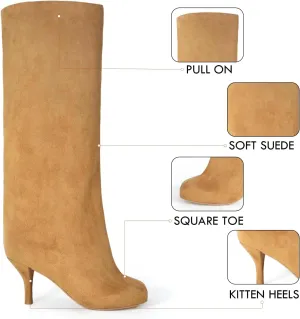DOBOYG Knee High Boots for Women Suede Kitten Heel Boots Square Toe Boot Wide Calf Stiletto Long Nude Boot,8.5