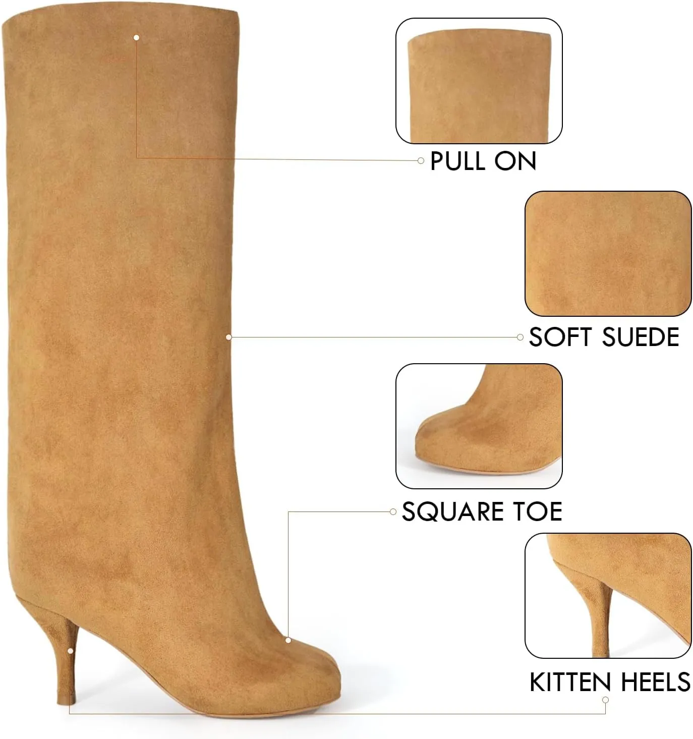 DOBOYG Knee High Boots for Women Suede Kitten Heel Boots Square Toe Boot Wide Calf Stiletto Long Nude Boot,8.5