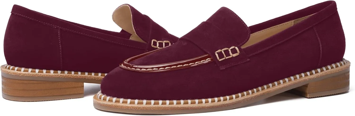 FOGEENA Womens Penny Round Toe Casual Fashion Slip On Suede Leather Chunky Low Heel Loafers Dress Shoes 1 Inch