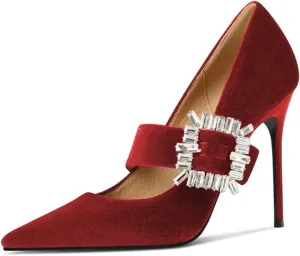 FSJ Women Graceful Pointed Toe High Heel Pumps Velvet Slip On Shining Rhinestones Stiletto Bridal Wedding Banquet Shoes Size 4-15 US