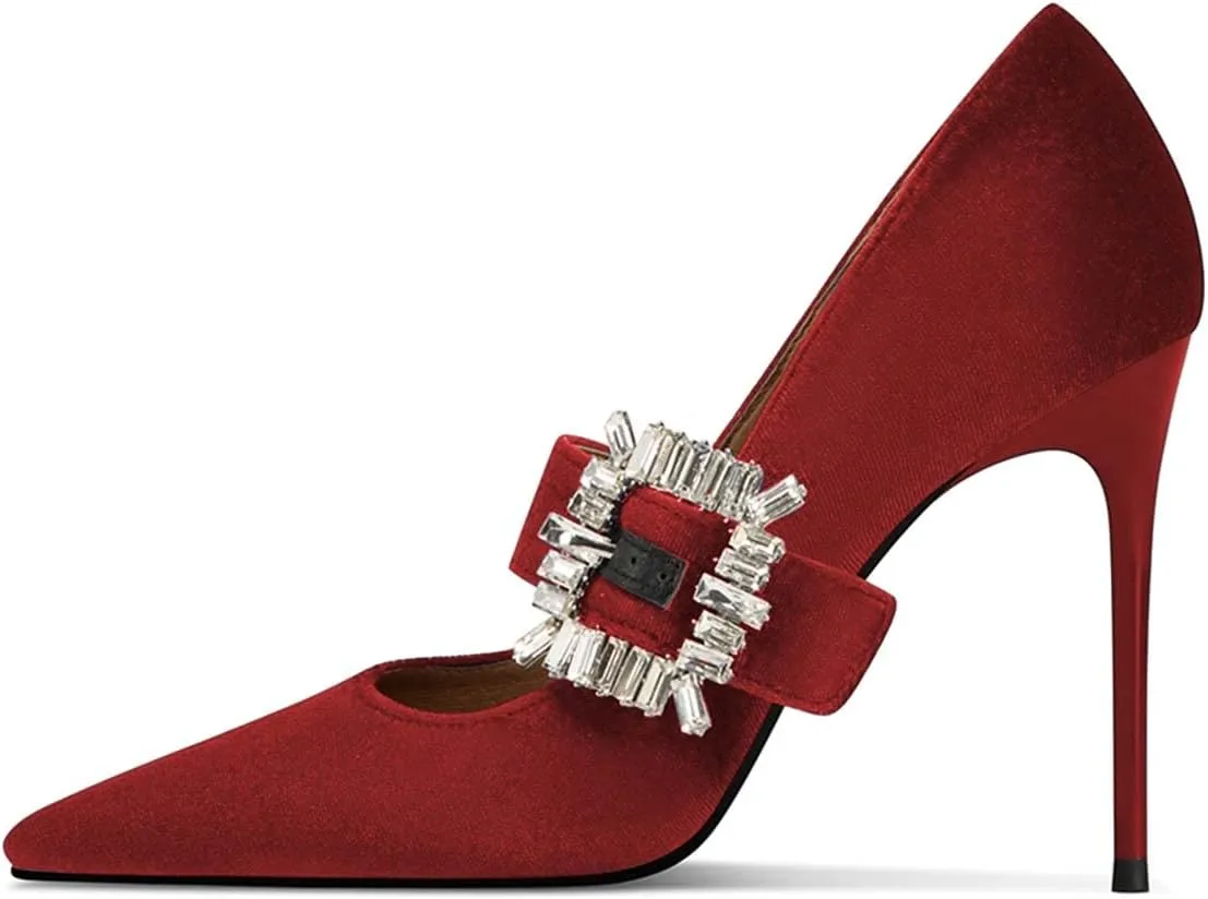 FSJ Women Graceful Pointed Toe High Heel Pumps Velvet Slip On Shining Rhinestones Stiletto Bridal Wedding Banquet Shoes Size 4-15 US