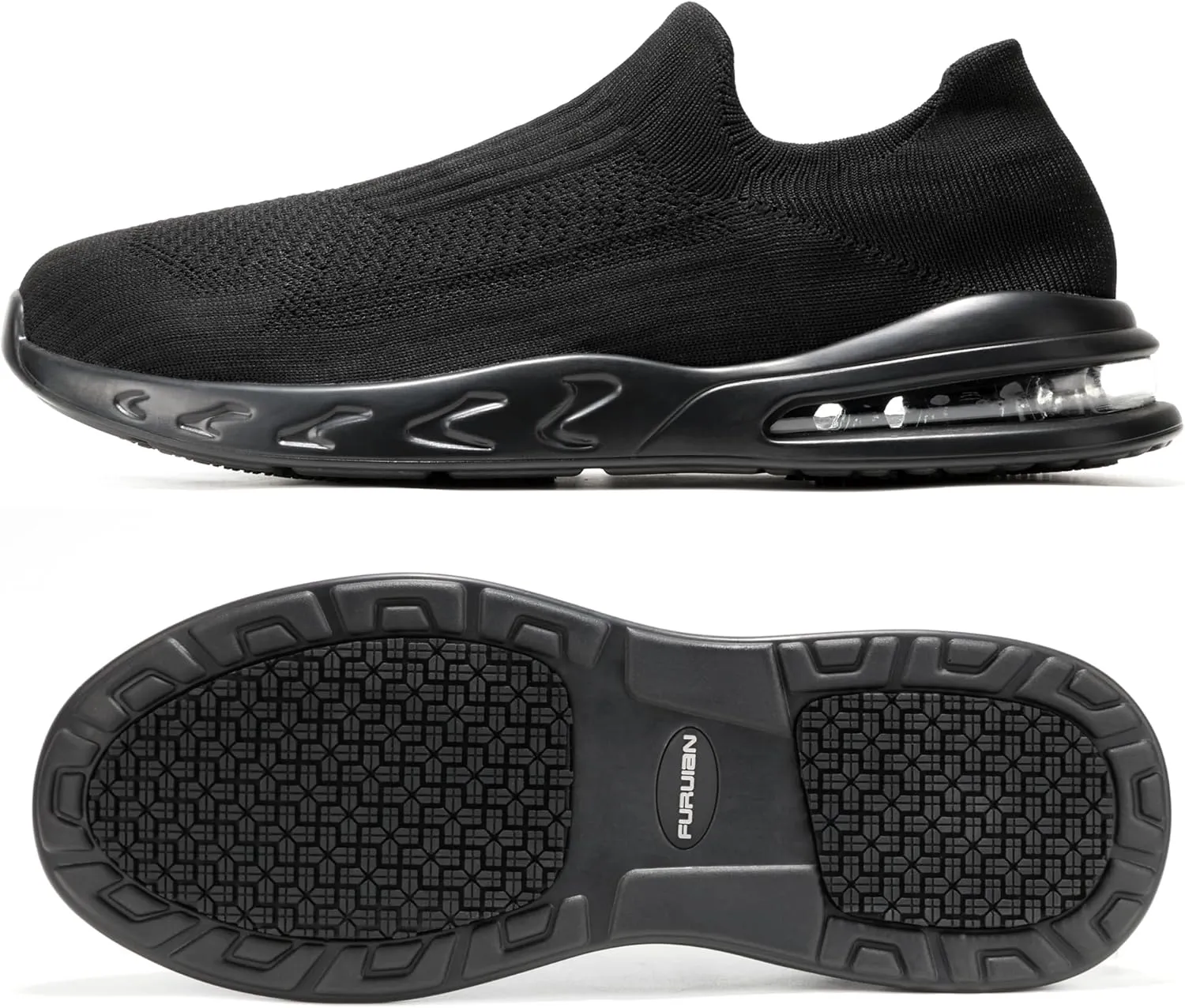 Furuian Slip Resistant Work Shoes for Men Food Service Comfortable Slip On Chef Kitchen Restaurant Shoes Black
