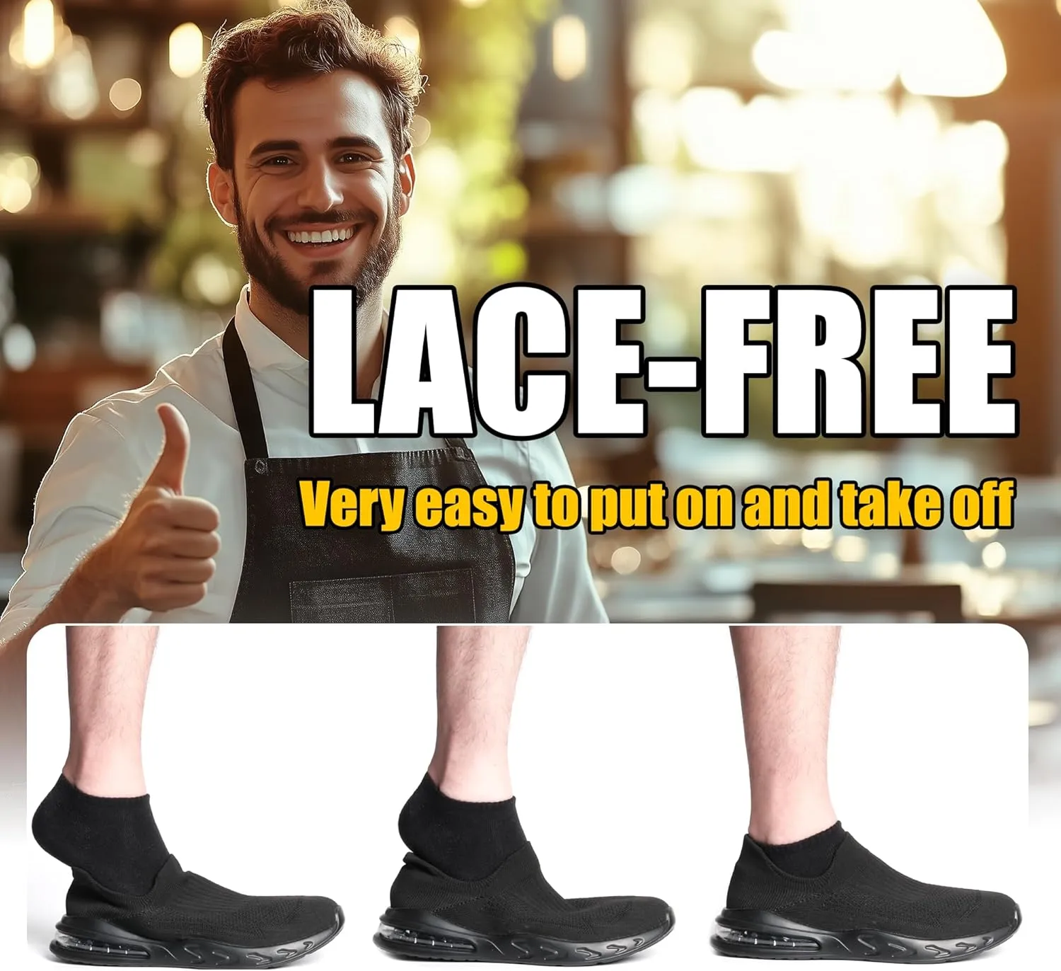 Furuian Slip Resistant Work Shoes for Men Food Service Comfortable Slip On Chef Kitchen Restaurant Shoes Black