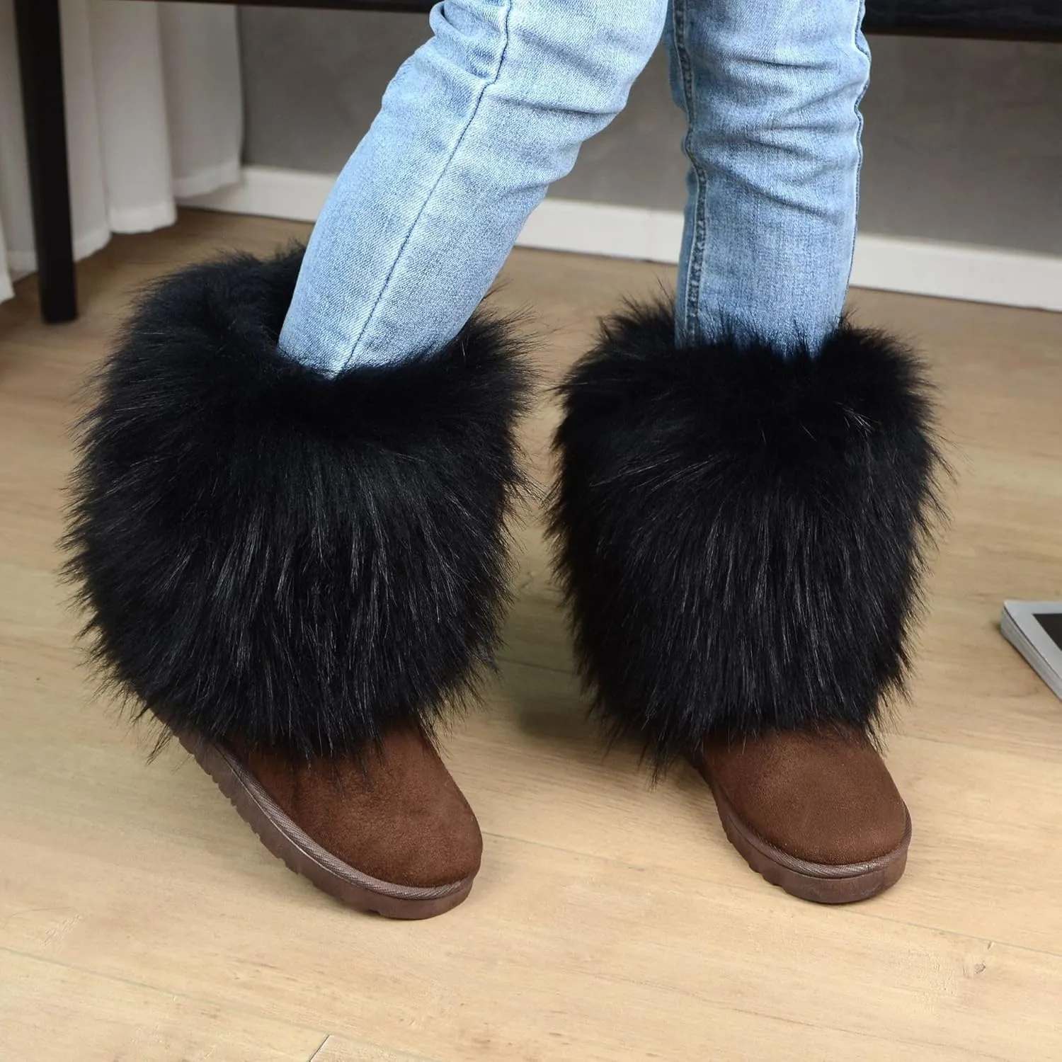 Fuzzy Fluffy Boots for Women Classic Warm Suede Slip On Mid-calf Snow Boot Comfortable Natural Fur Winter Flat Shoes Girl Outdoor Indoor