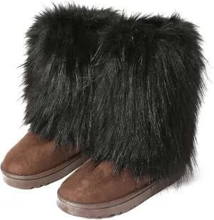 Fuzzy Fluffy Boots for Women Classic Warm Suede Slip On Mid-calf Snow Boot Comfortable Natural Fur Winter Flat Shoes Girl Outdoor Indoor