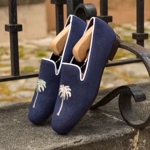Gentlemen Cortes Slip On - Navy Blue Linen Fabric with Embroidery
