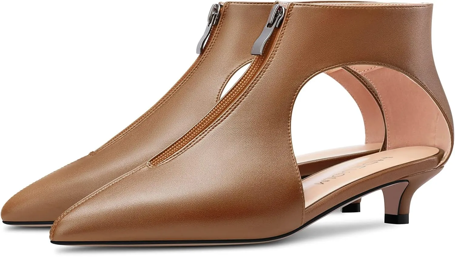 HDEUOLM Womens Low Kitten Heel Pointed Toe Pumps Slip-on Zipper Casual Cute 1.4 Inches Heels