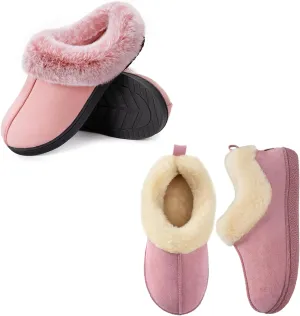 HomeTop Women's Set of 2 Pairs - Classic Suede Memory Foam Slippers (Size 7-8, Ink Pink) - Closed-back Slippers (Size7-8, Pink)
