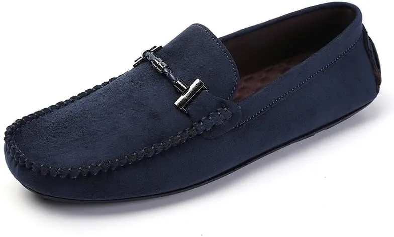 HOOENG Men's Loafers Shoes Round Toe Suede Moccasins Driving Loafers Stitching Details Slip Resistant Comfortable Flat Heel Classic Prom Slip-on (Color : Blue, Size : 9)