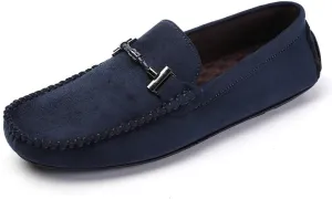 HOOENG Men's Loafers Shoes Round Toe Suede Moccasins Driving Loafers Stitching Details Slip Resistant Comfortable Flat Heel Classic Prom Slip-on (Color : Blue, Size : 9)