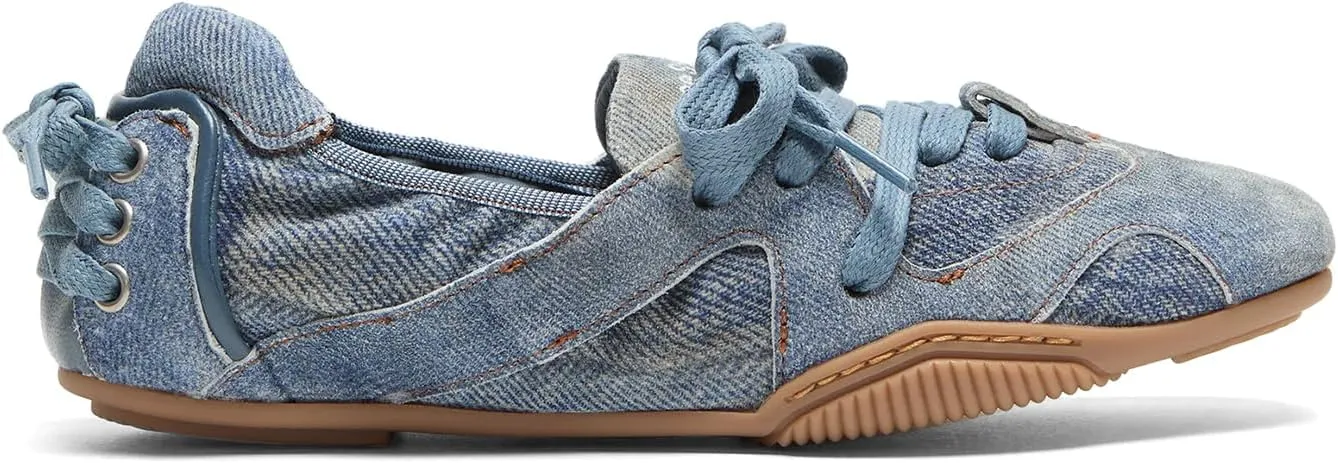 IMPREMEY Flats Sneakers for Women Leather Ballet Lace up Round Toe Cracked Tennis Casual Fashion Shoes