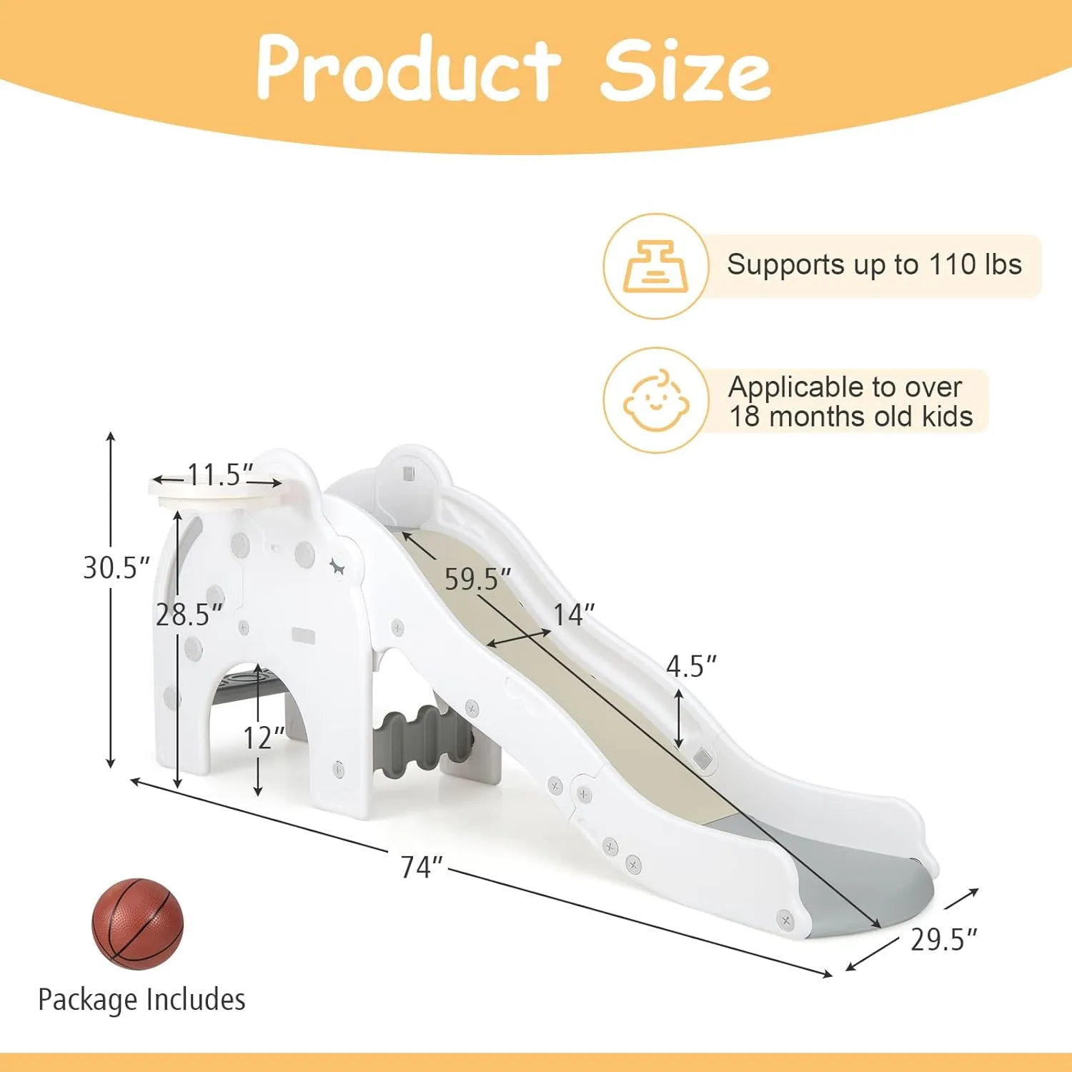 INFANS Toddler Slide, 4 in 1 Indoor Kids Slide Wave Slideway Max Load 330lb for Age 18  Months with Basketball Hoop Ball, Outdoor Climber Freestanding Playset, Sturdy Plastic Playground Toy