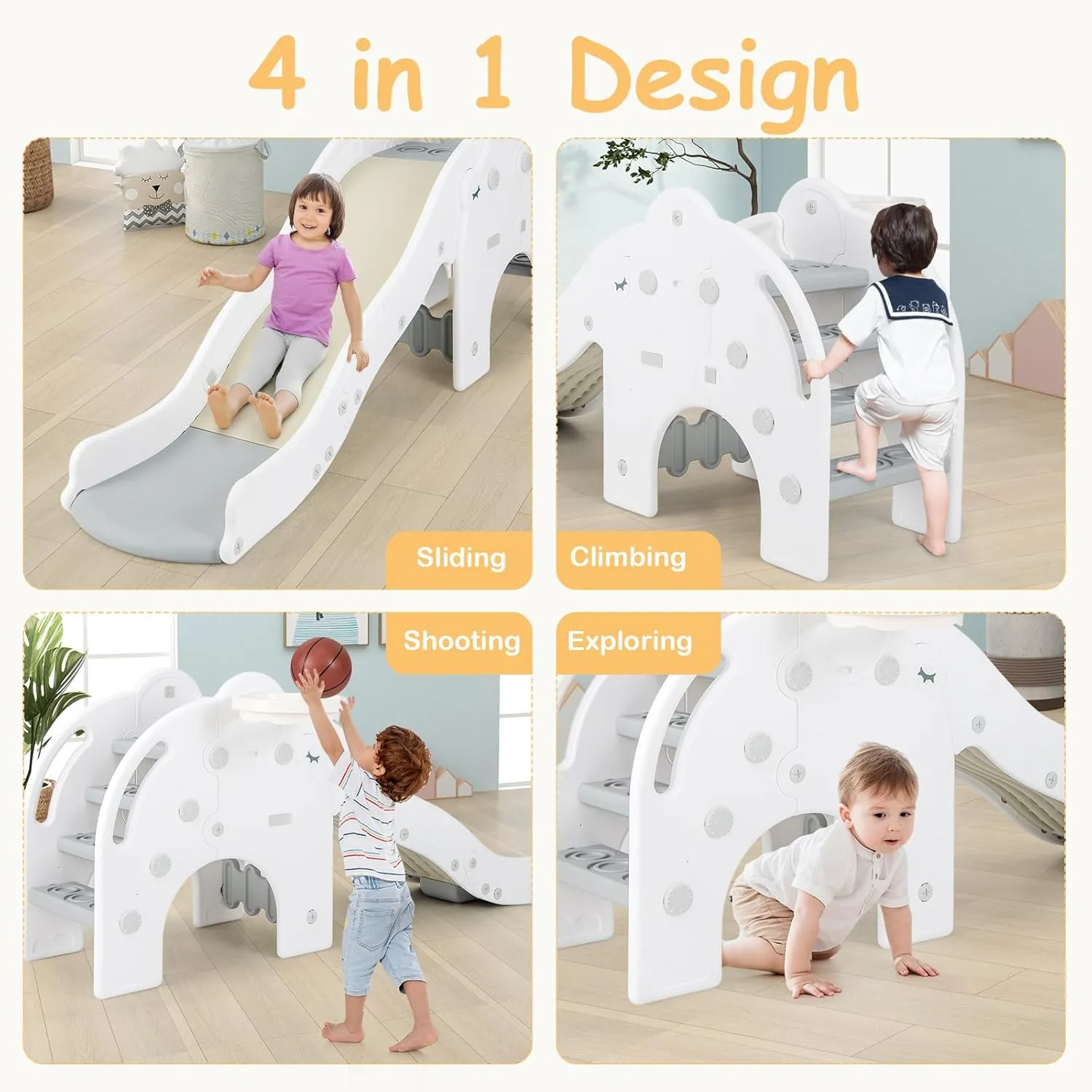 INFANS Toddler Slide, 4 in 1 Indoor Kids Slide Wave Slideway Max Load 330lb for Age 18  Months with Basketball Hoop Ball, Outdoor Climber Freestanding Playset, Sturdy Plastic Playground Toy