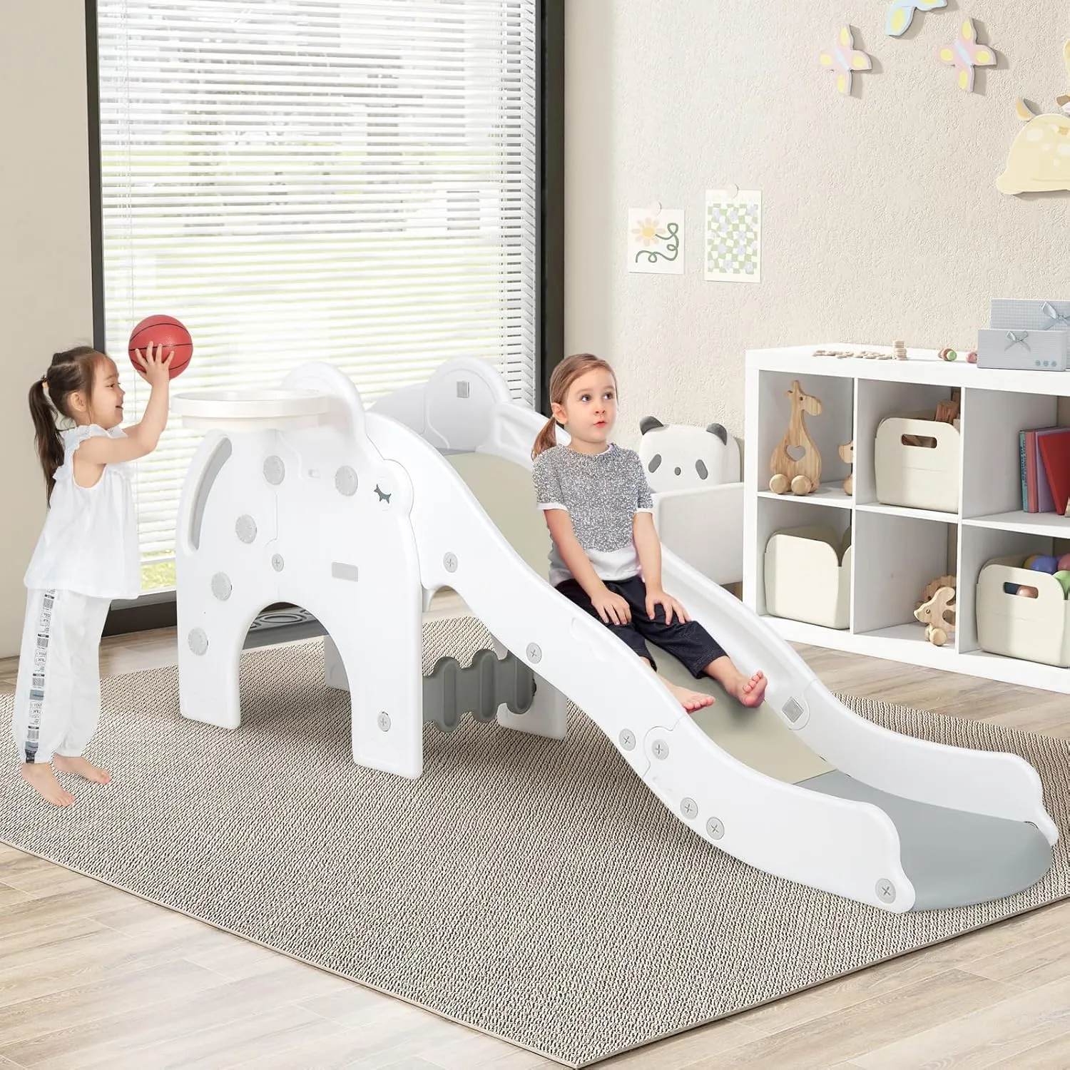 INFANS Toddler Slide, 4 in 1 Indoor Kids Slide Wave Slideway Max Load 330lb for Age 18  Months with Basketball Hoop Ball, Outdoor Climber Freestanding Playset, Sturdy Plastic Playground Toy