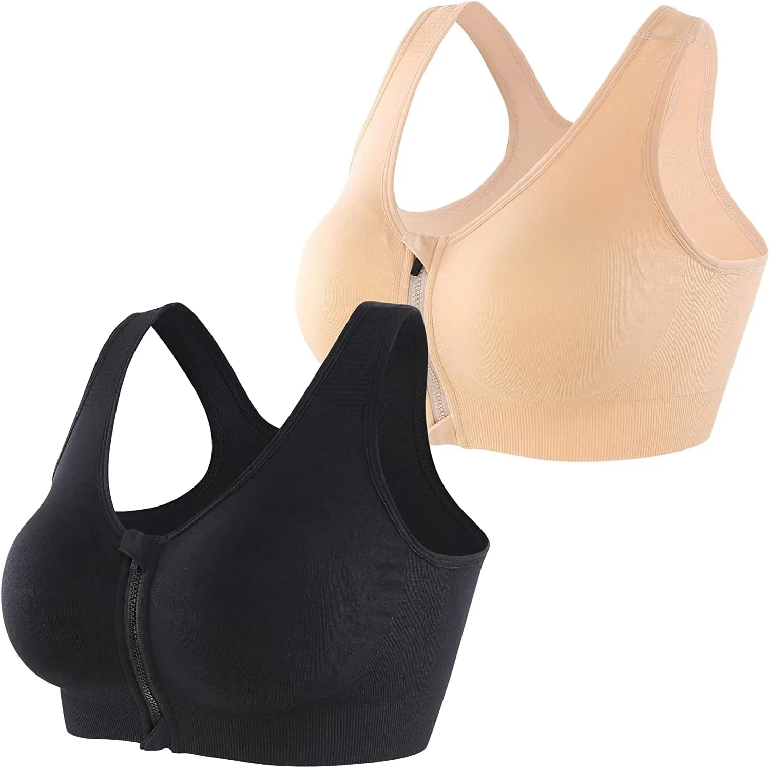 INIBUD Women's Zip Front Sports Bra Racerback Post Surgery Wirefree Seamless Removable Pads Yoga Plus Size Workout Running