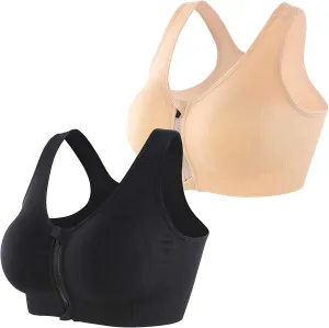 INIBUD Women's Zip Front Sports Bra Racerback Post Surgery Wirefree Seamless Removable Pads Yoga Plus Size Workout Running