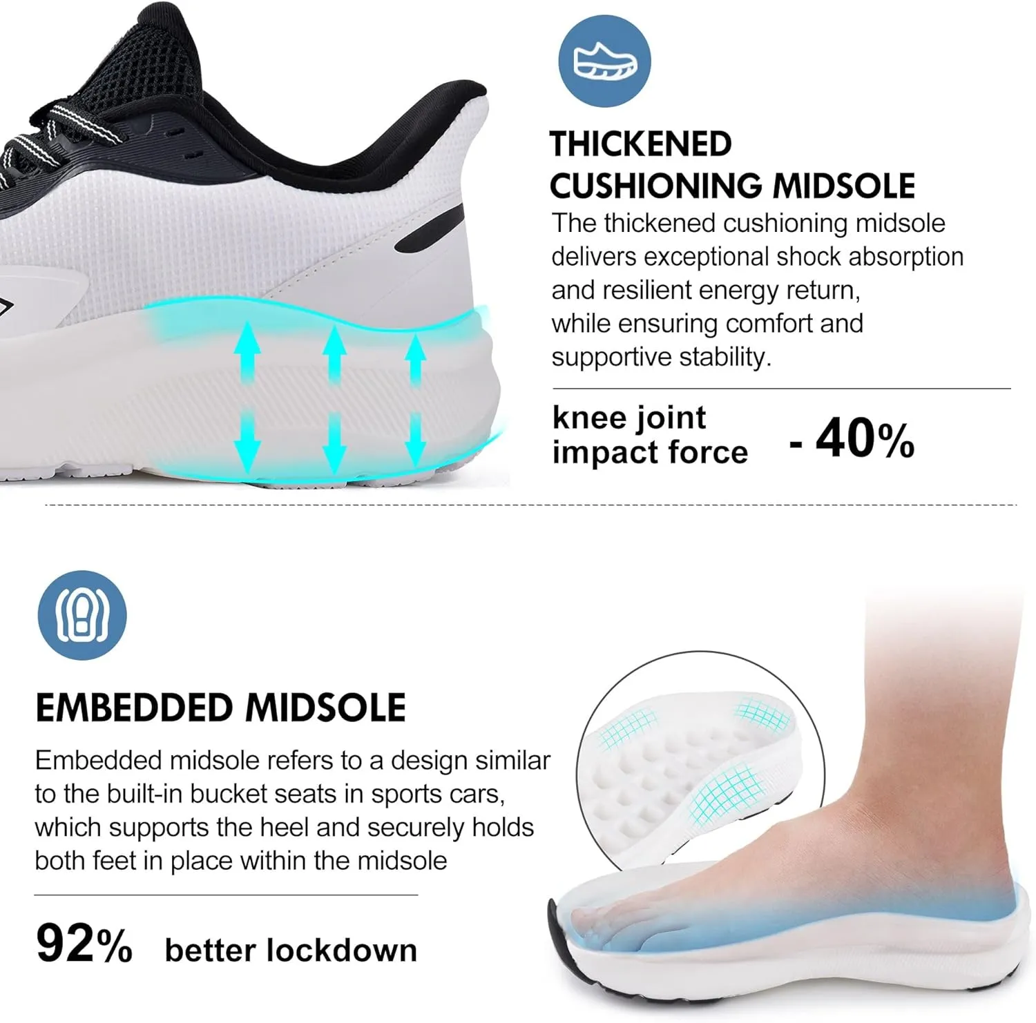JACKSHIBO Slip in Men Hands Free Shoes Wide Toe Box Slip On Walking Running Tennis Athletic Sneakers Arch Support Plantar Fasciitis Orthopedic Shoes with Metatarsal Pads Cushion Thick Zero Drop Sole