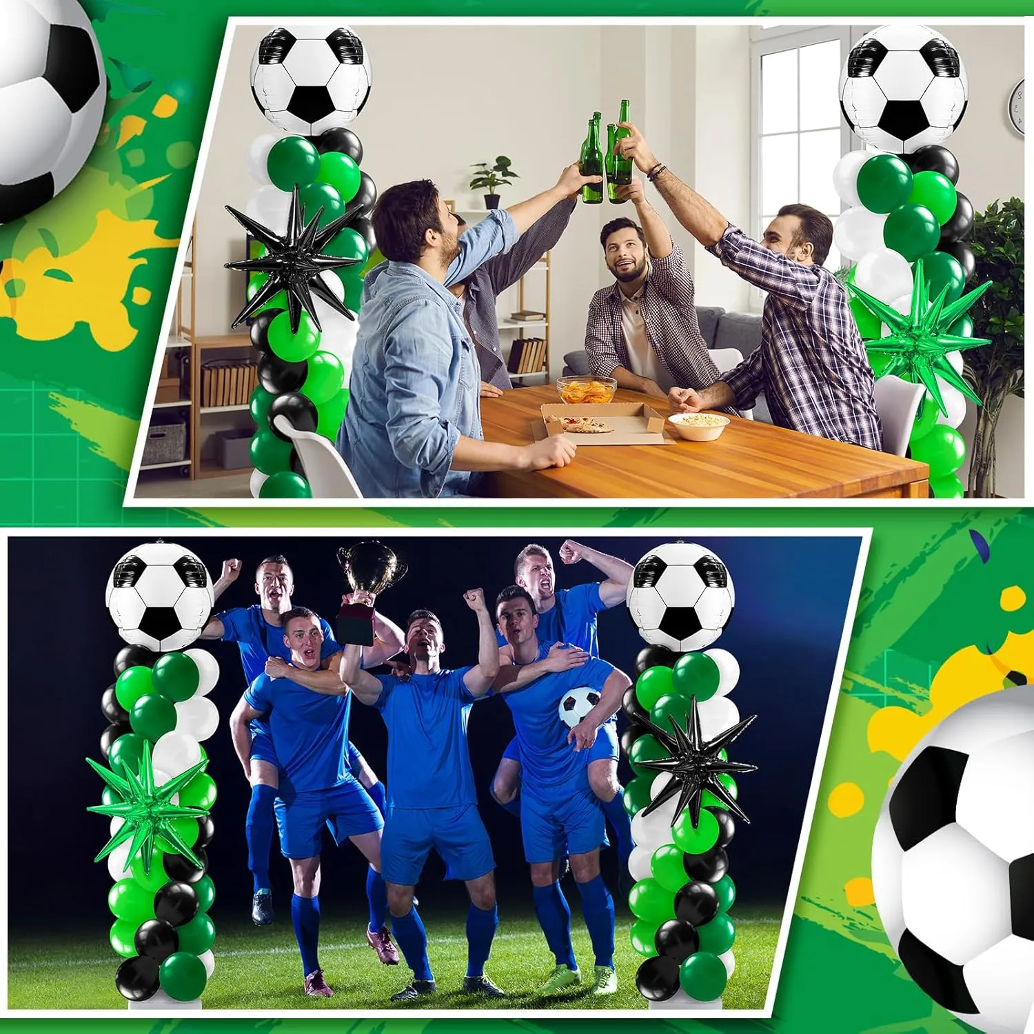 Kasyat 2 Sets Soccer Balloon Column Stand Kit with 4D Soccer, Green Black Star Foil and 100 Latex Balloons, Green White Black Arch Kit for Floor for Football Sports Party Decorations