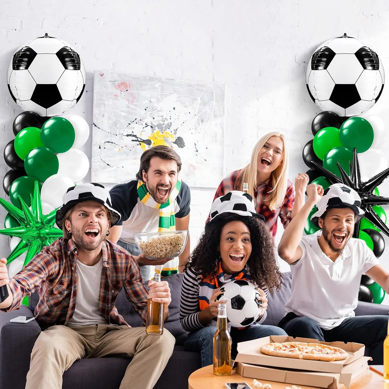 Kasyat 2 Sets Soccer Balloon Column Stand Kit with 4D Soccer, Green Black Star Foil and 100 Latex Balloons, Green White Black Arch Kit for Floor for Football Sports Party Decorations