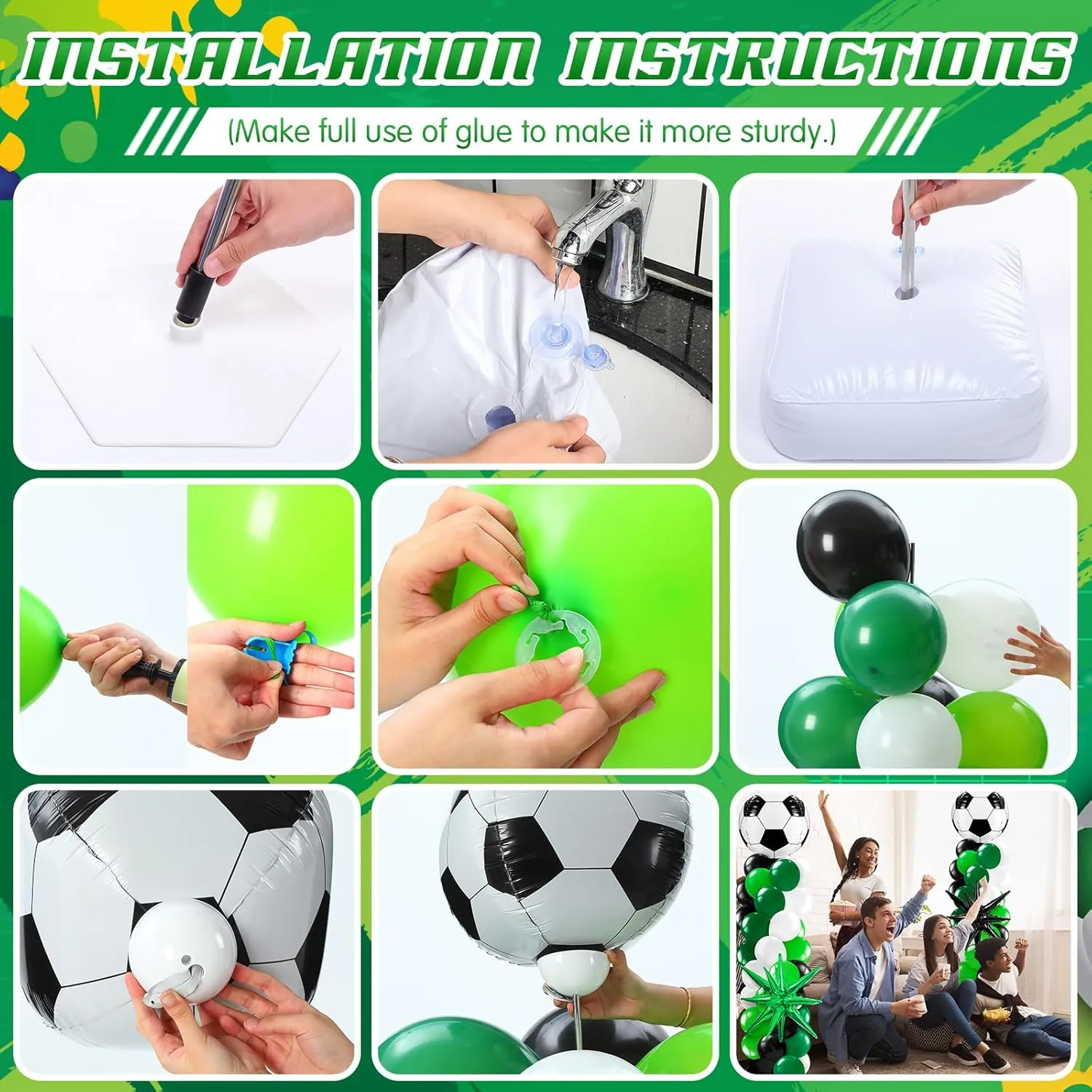 Kasyat 2 Sets Soccer Balloon Column Stand Kit with 4D Soccer, Green Black Star Foil and 100 Latex Balloons, Green White Black Arch Kit for Floor for Football Sports Party Decorations