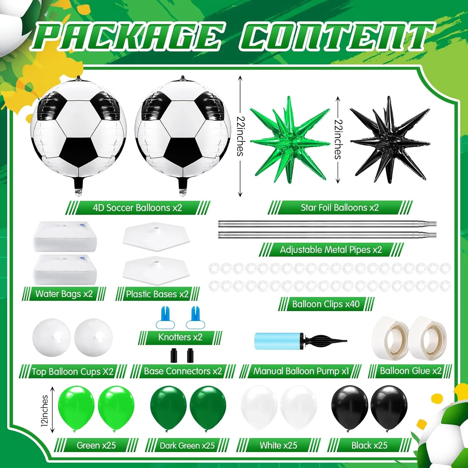 Kasyat 2 Sets Soccer Balloon Column Stand Kit with 4D Soccer, Green Black Star Foil and 100 Latex Balloons, Green White Black Arch Kit for Floor for Football Sports Party Decorations